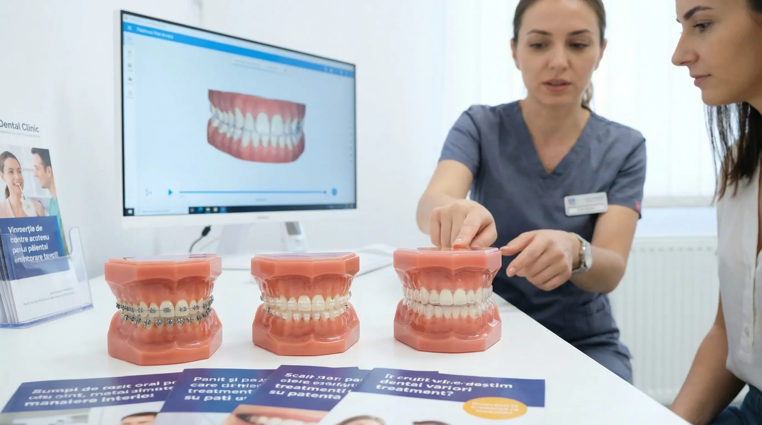Comparație vizuală între aparat dentar fix (bracketuri metalice și ceramice) și alignere transparente, alături de o reprezentare simplificată a unei planificări 3D a arcadelor dentare.