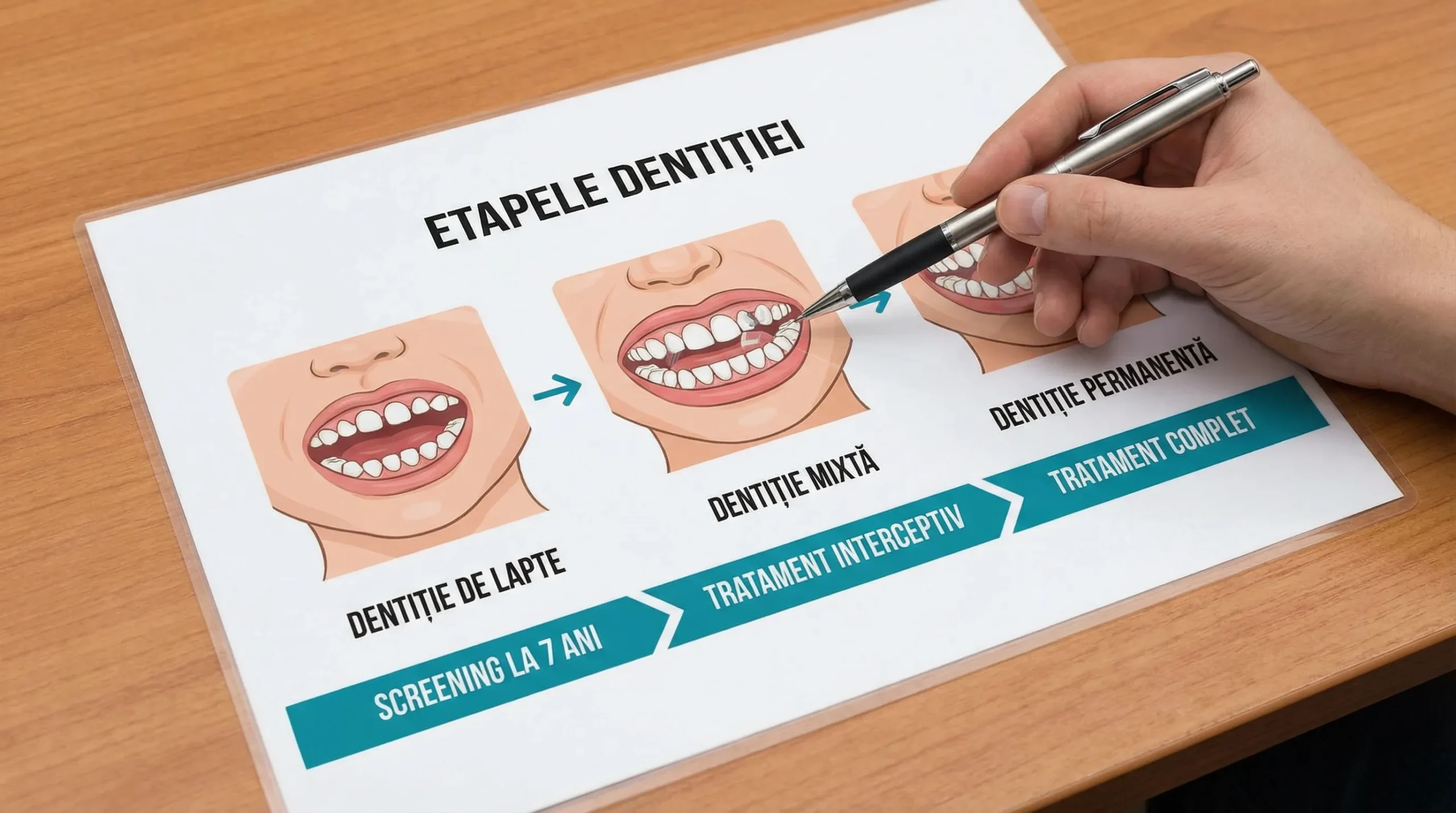 Diagramă simplă cu etapele dentiției (lapte, mixtă, permanentă) și momentele tipice: screening la 7 ani, tratament interceptiv în dentiție mixtă, tratament complet după erupția dinților permanenți.