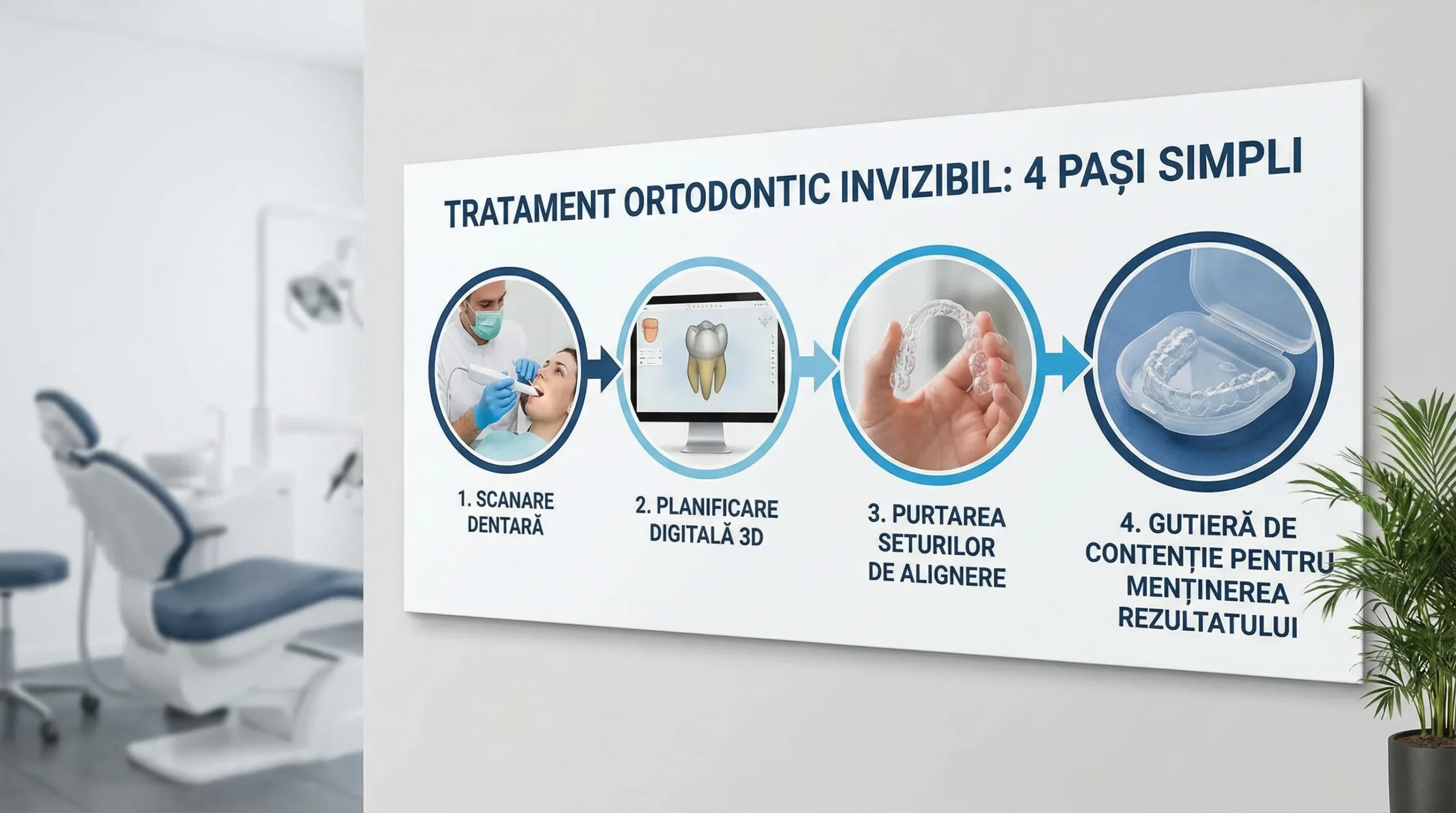 Diagramă simplă în 4 pași: scanare dentară, planificare digitală 3D, purtarea seturilor de alignere, apoi gutieră de contenție pentru menținerea rezultatului.