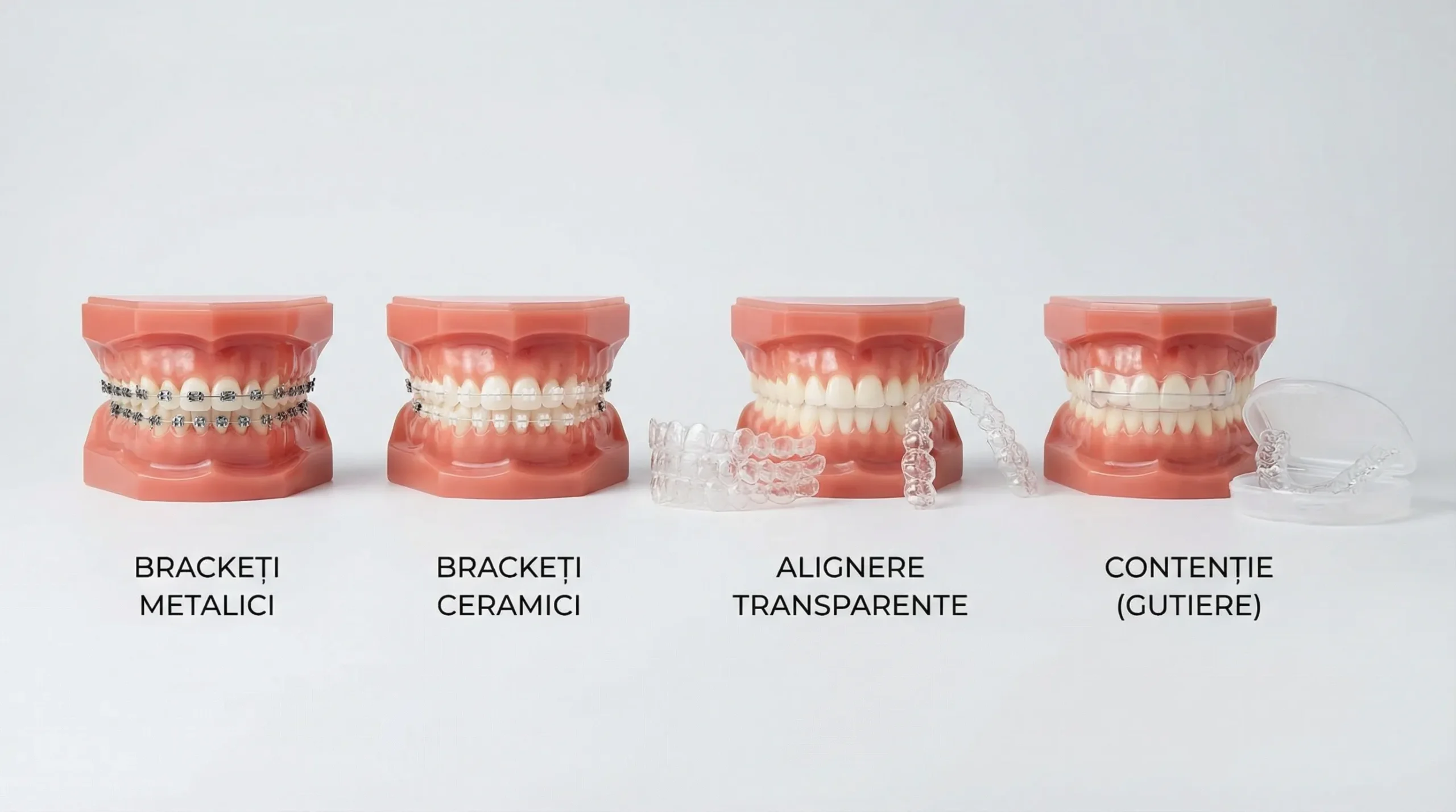 Ilustrație comparativă cu patru tipuri de aparat ortodontic: brackeți metalici, brackeți ceramici, alignere transparente și contenție (gutiere), aranjate pe un fundal neutru, cu etichete simple pentru fiecare.