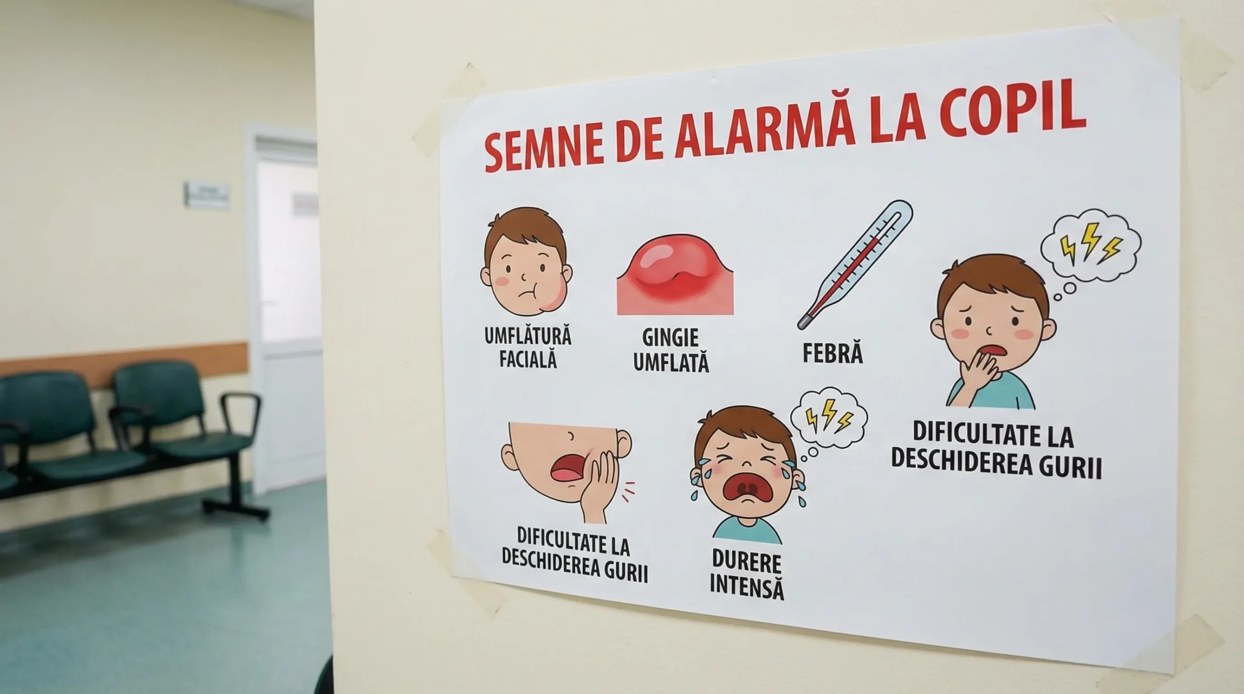 Ilustrație educațională cu semne de alarmă la copil: umflătură facială, gingie umflată, febră, dificultate la deschiderea gurii, durere intensă.