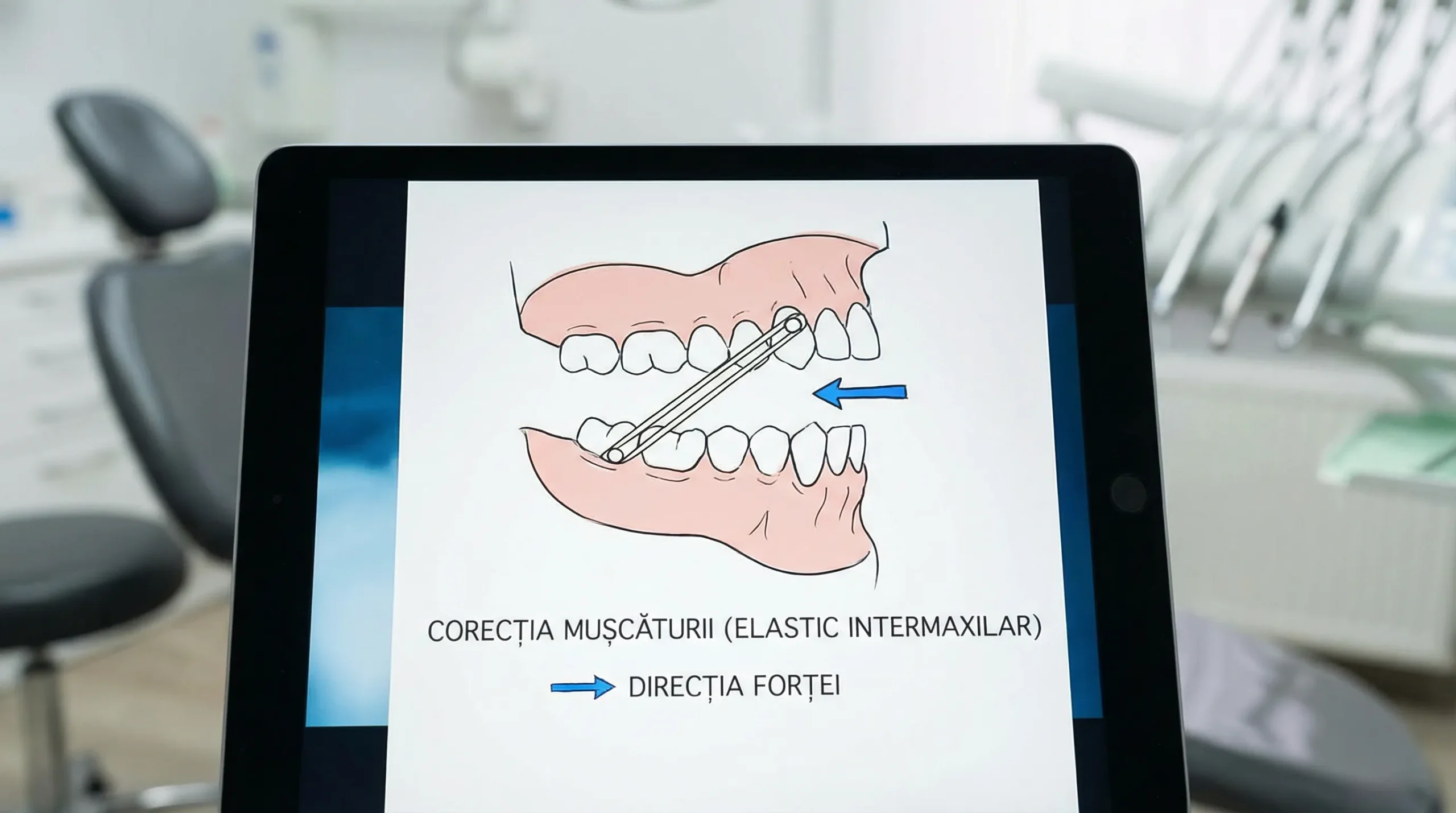 Ilustrație simplă a arcadelor dentare văzute lateral, cu un elastic intermaxilar prins între un dinte superior și unul inferior, sugerând direcția forței pentru corectarea mușcăturii.