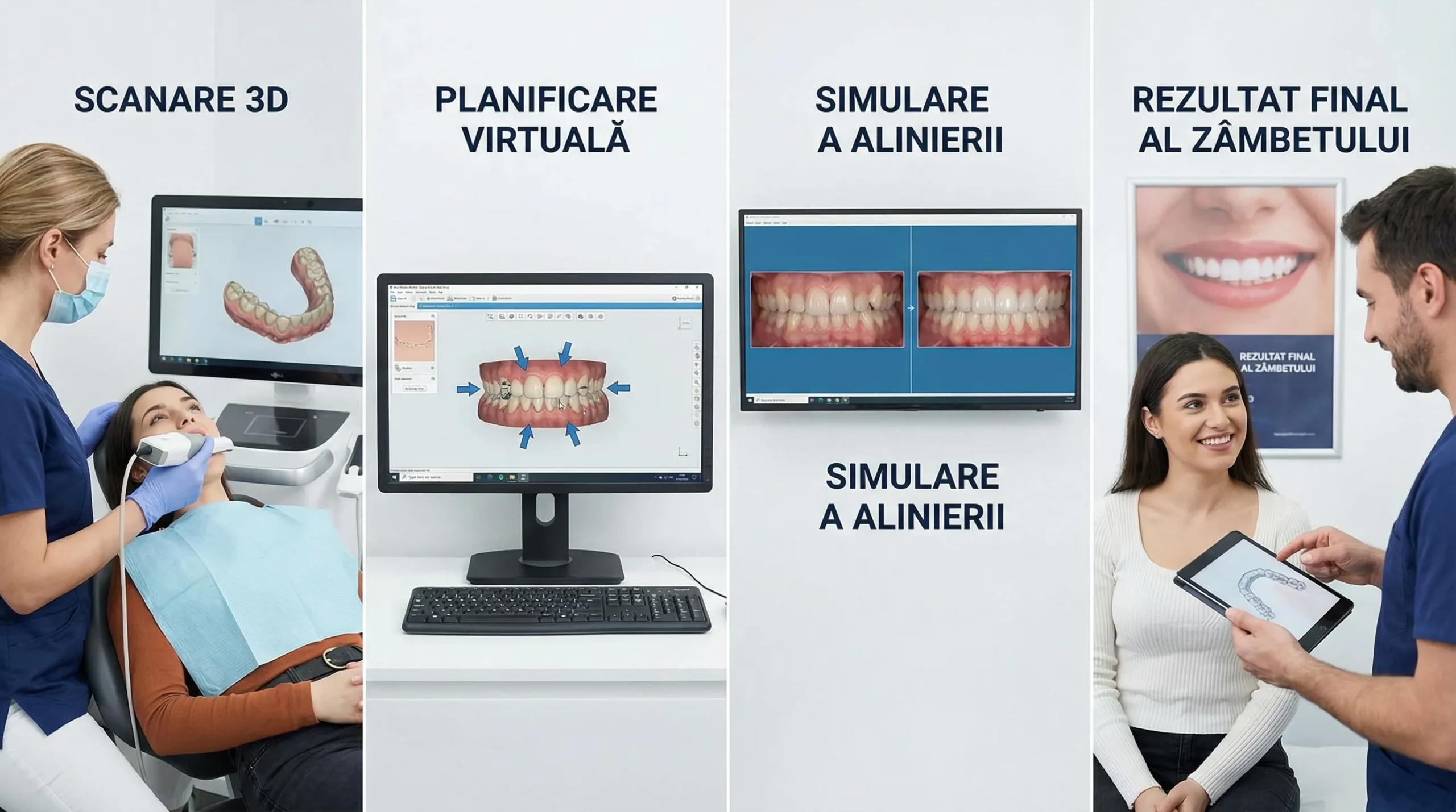 Ilustrație simplă a fluxului de ortodonție digitală: scanare 3D, planificare pe model virtual, simulare a alinierii și rezultat final al zâmbetului.
