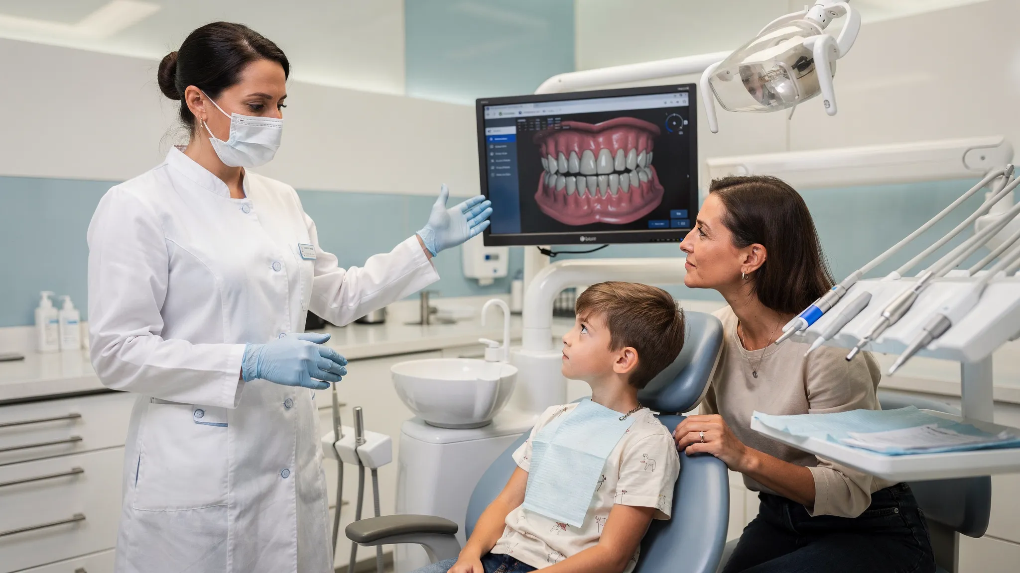 Imagine realistă într-un cabinet stomatologic modern: un ortodont analizează un model 3D al arcadelor dentare pe un monitor orientat corect spre pacient, cu un copil și un părinte alături, fără detalii lizibile pe ecran.