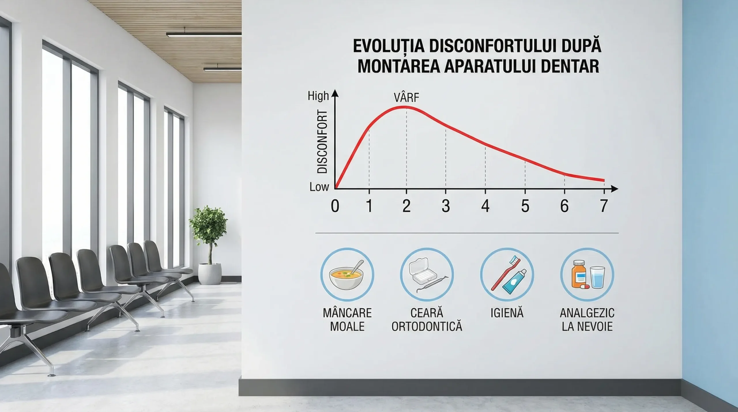 Infografic simplu cu evoluția disconfortului după montarea aparatului dentar, pe zile (ziua 0 până la ziua 7), indicând vârful în zilele 1-3 și scăderea treptată, plus pictograme cu recomandări: mâncare moale, ceară ortodontică, igienă, analgezic la nevoie.