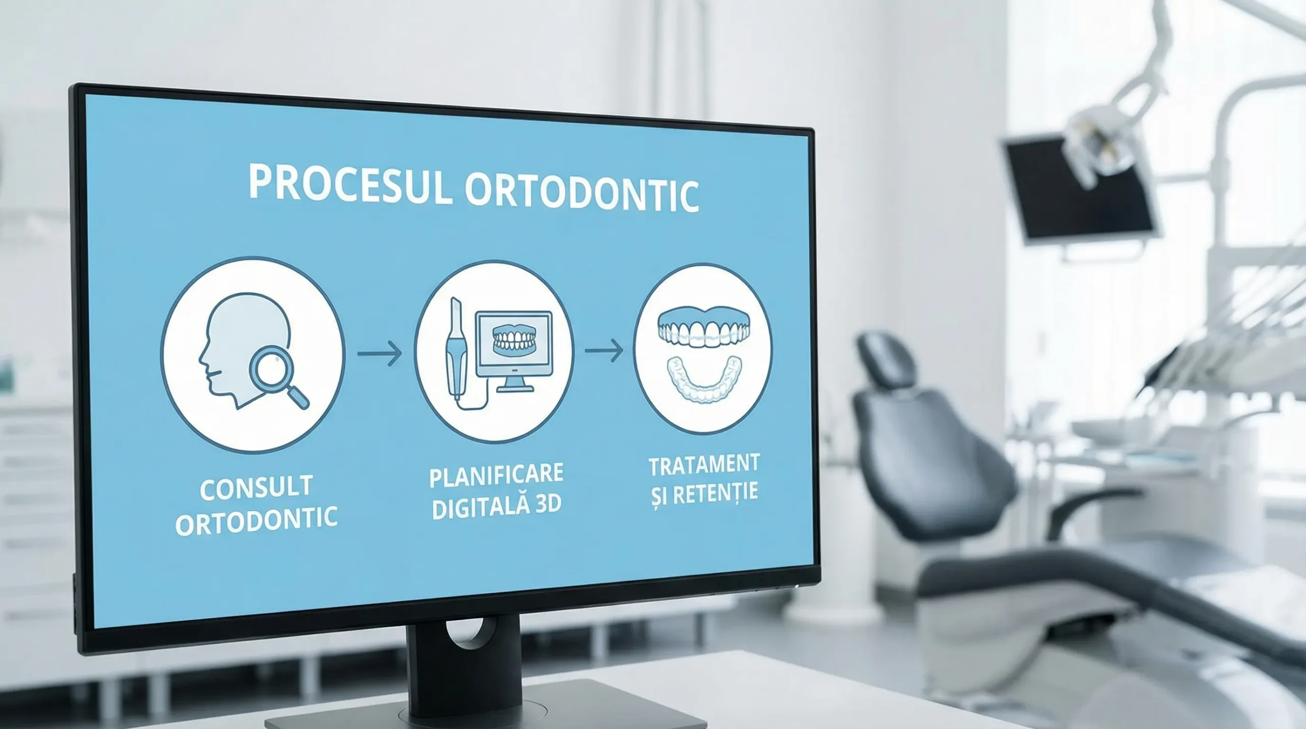 Infografic simplu cu trei etape: consult ortodontic, planificare digitală 3D, tratament și retenție, cu pictograme pentru scanare, aparat și gutieră de contenție.