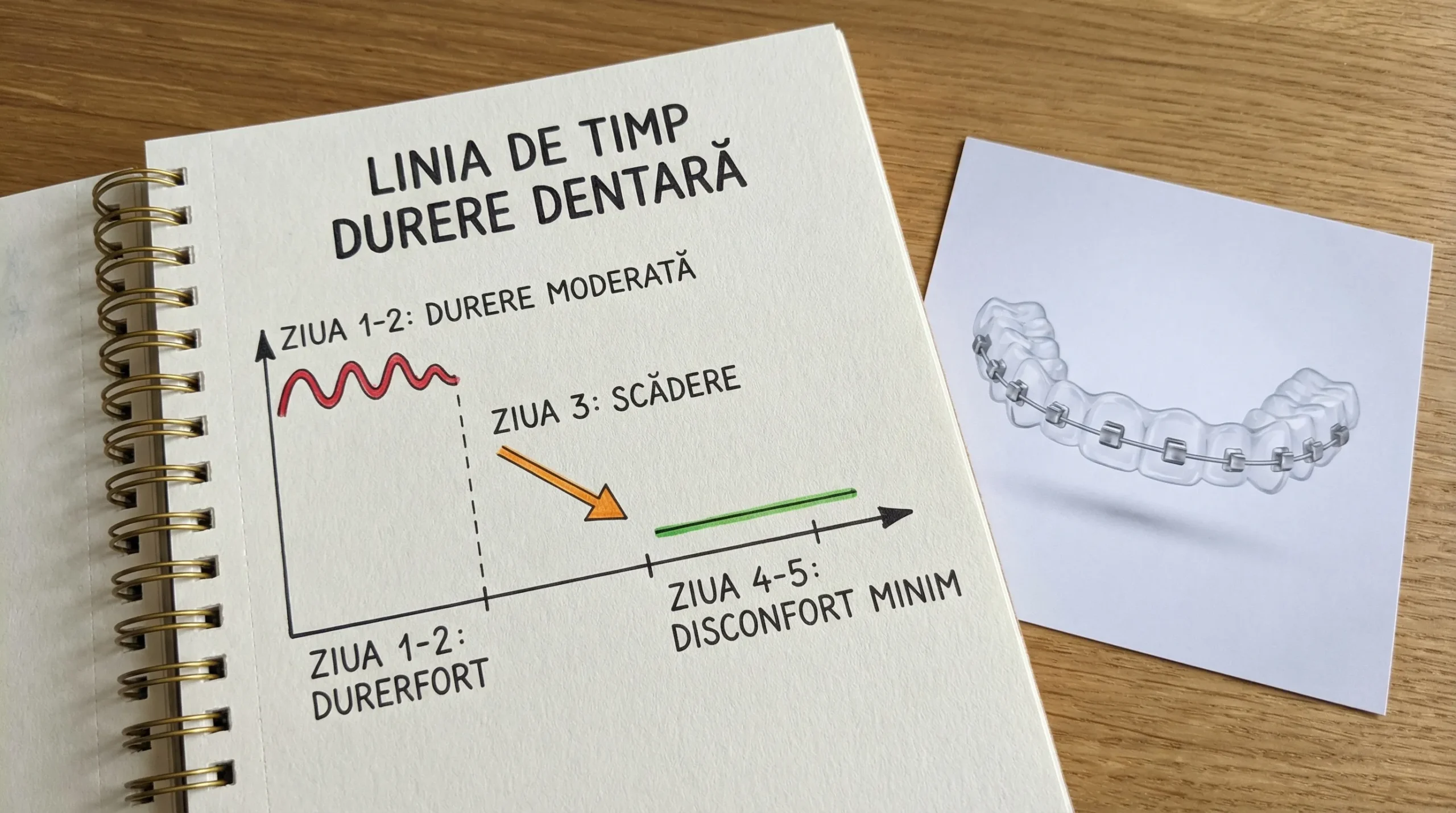 O ilustrație simplă a unei linii de timp pe 5 zile: ziua 1-2 durere moderată, ziua 3 scădere, ziua 4-5 disconfort minim, alături de o pictogramă cu aparat dentar.