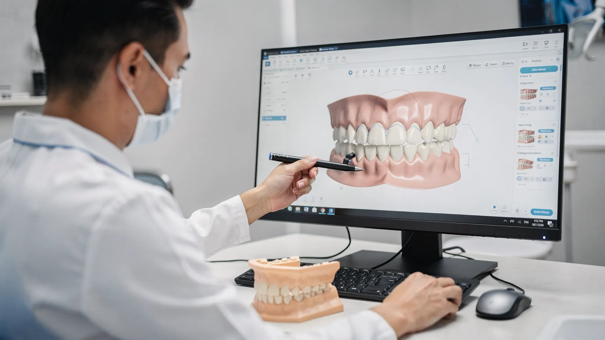 Ortodont planificând digital un caz pe un monitor orientat corect, cu o reprezentare 3D simplă a arcadelor dentare. Medicul indică cu un stilou optic etapele de aliniere, iar pe birou se vede un model printat 3D al dinților.