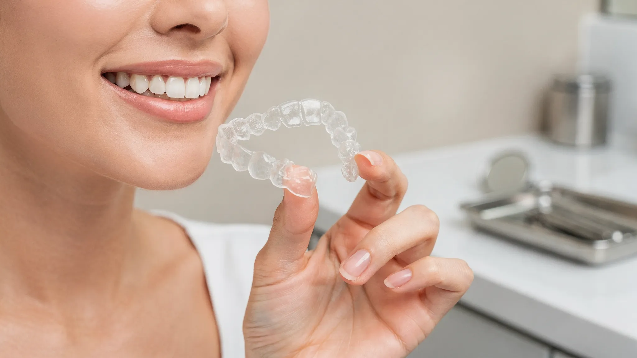 Pacient adult ținând un aligner transparent lângă un zâmbet natural, într-un cabinet stomatologic luminos. În fundal se vede discret o oglindă dentară și o tavă de instrumentar, fără text pe obiecte.