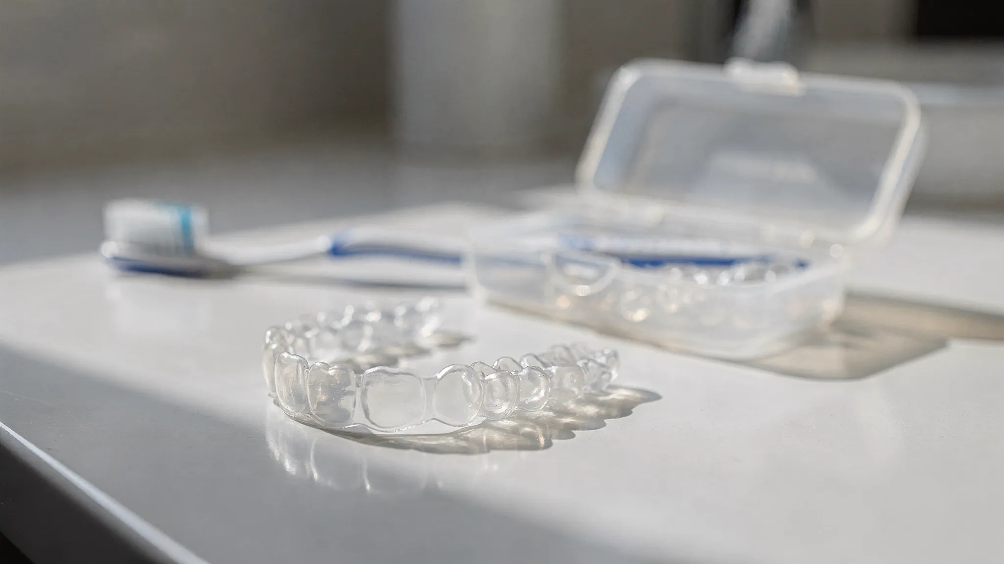 Prim-plan cu un set de alignere transparente așezate lângă o cutiuță de protecție și o periuță, pe un fundal curat de baie; alignerele sunt clare și bine conturate.