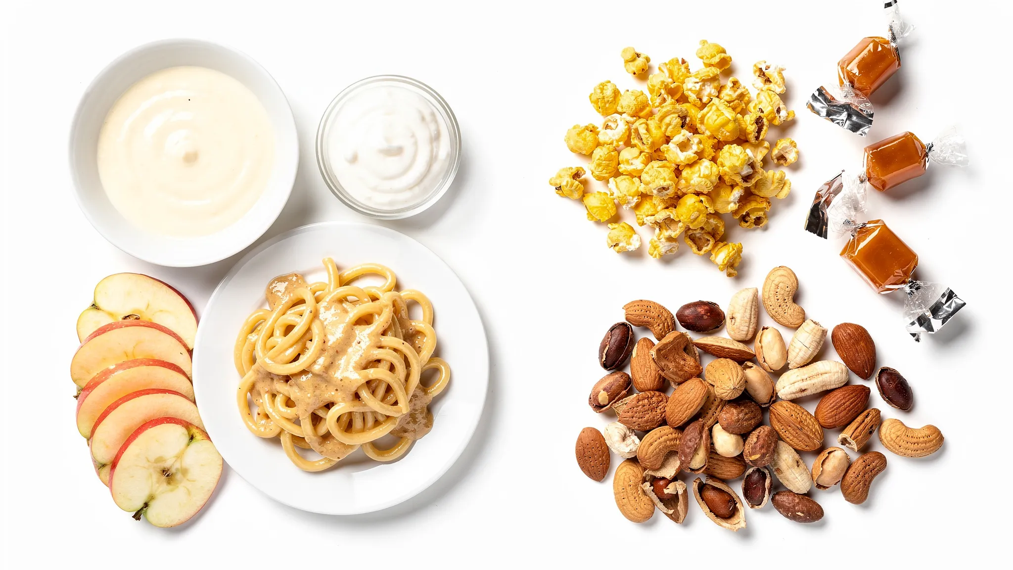 Un colaj cu alimente prietenoase pentru aparat dentar fix: supă cremă, iaurt, paste moi, banane feliate și măr tăiat felii, alături de alimente de evitat precum popcorn, caramele și nuci întregi.