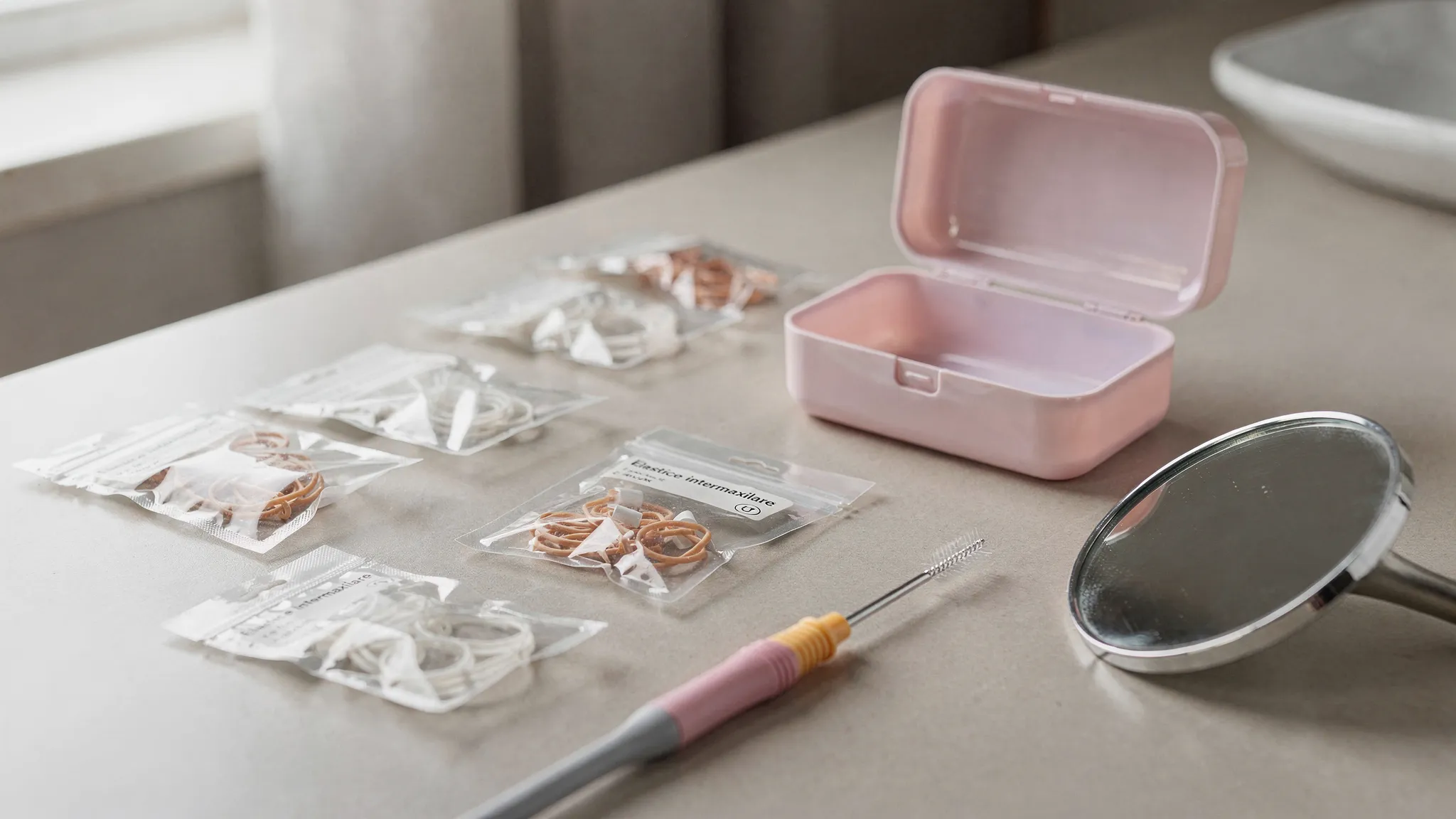 Un kit simplu de îngrijire ortodontică pe o masă: plicuri cu elastice intermaxilare, o cutie pentru alignere sau o cutie mică, o periuță interdentară și o oglindă mică, sugerând rutina zilnică.