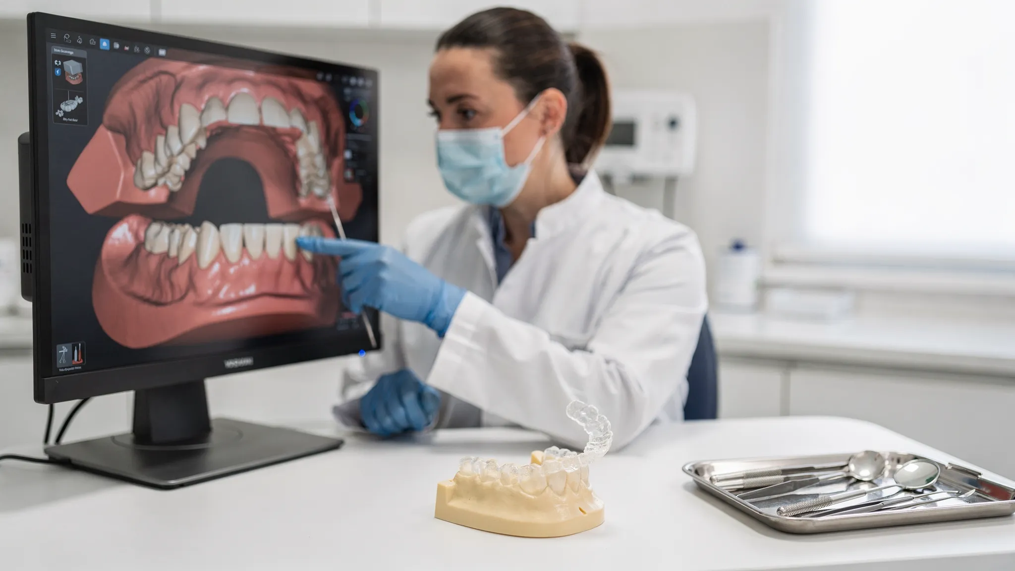 Un medic ortodont analizând o scanare 3D a dinților pe un monitor orientat corect, alături de un model transparent de aligner și instrumente dentare pe masă.
