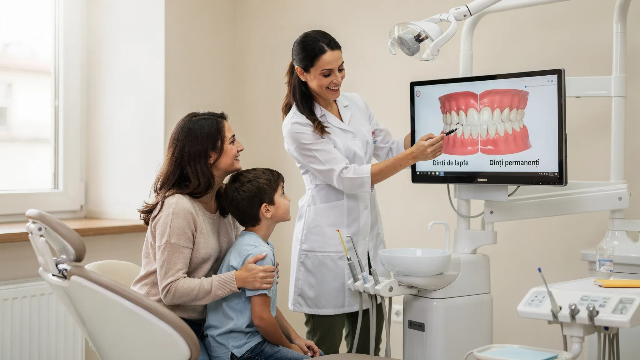 Un părinte și un copil într-un cabinet stomatologic modern, privind un model 3D al dinților pe un monitor orientat corect, în timp ce medicul explică pe înțelesul copilului diferența dintre dinții de lapte și cei permanenți.