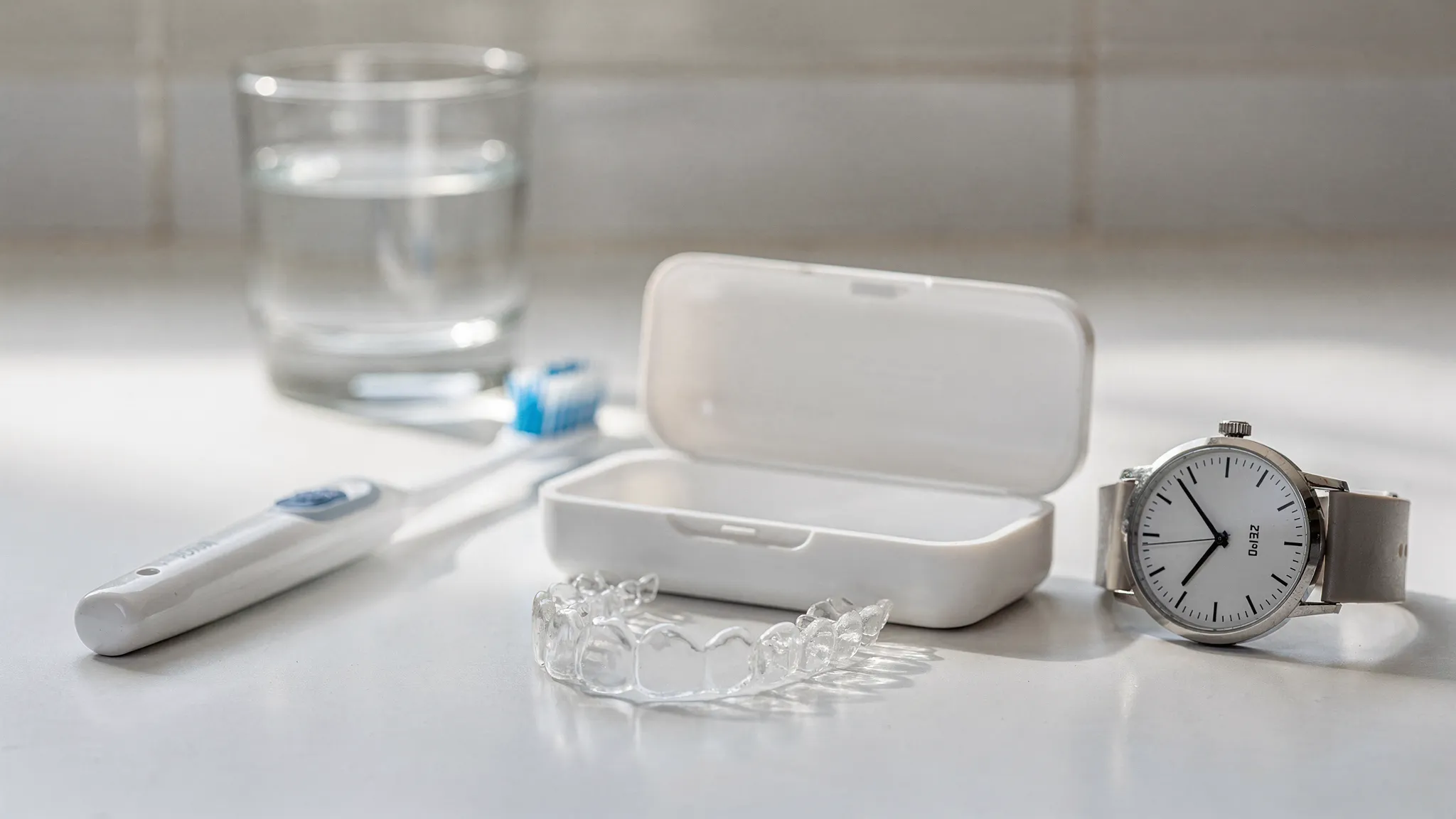 Un set de alignere transparente lângă o cutie de depozitare, o periuță de dinți și un ceas care sugerează purtarea 20-22 ore pe zi; pe fundal, un pahar cu apă.