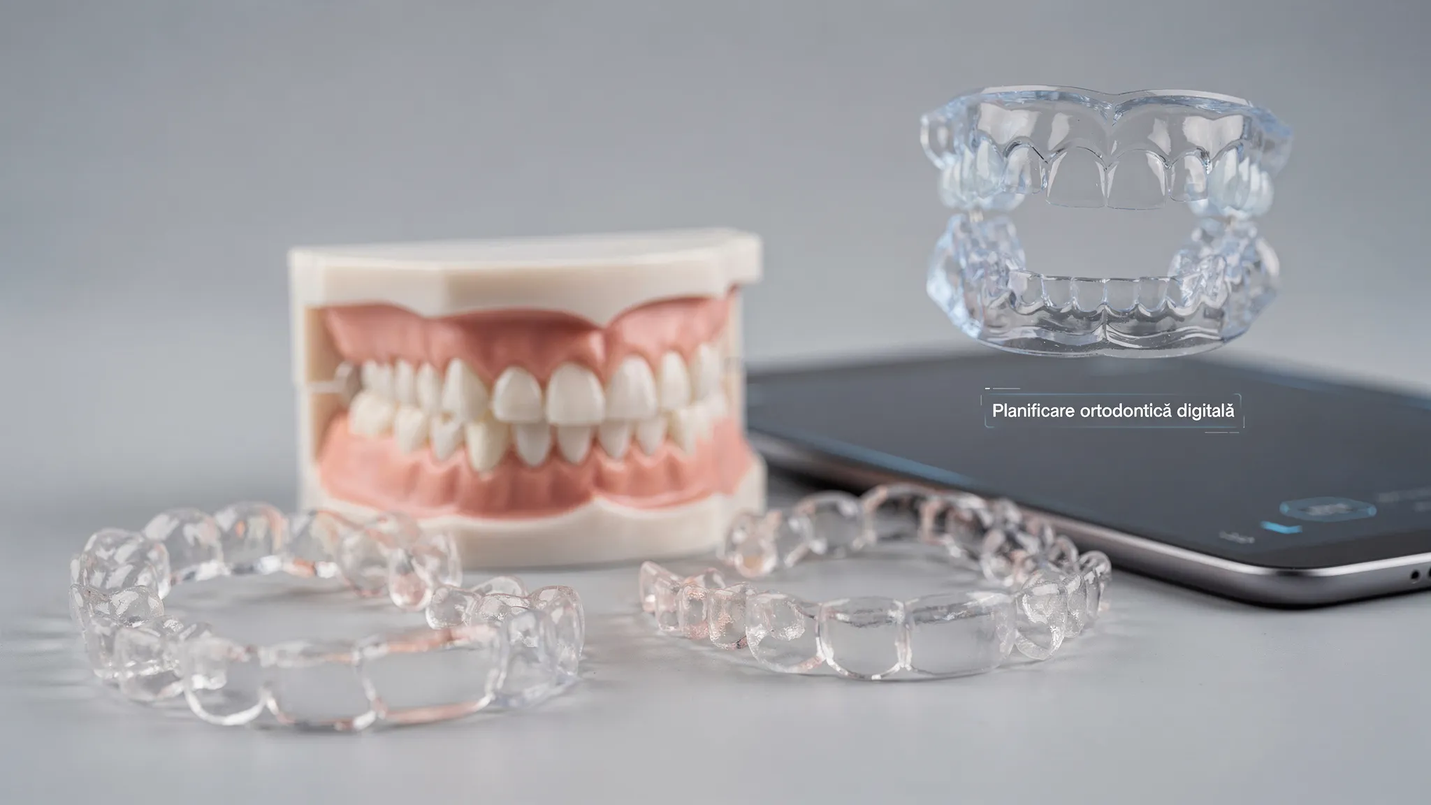 Un set de gutiere transparente lângă un model dentar și o reprezentare 3D a arcadelor pe un fundal neutru, sugerând planificarea digitală a tratamentului ortodontic.