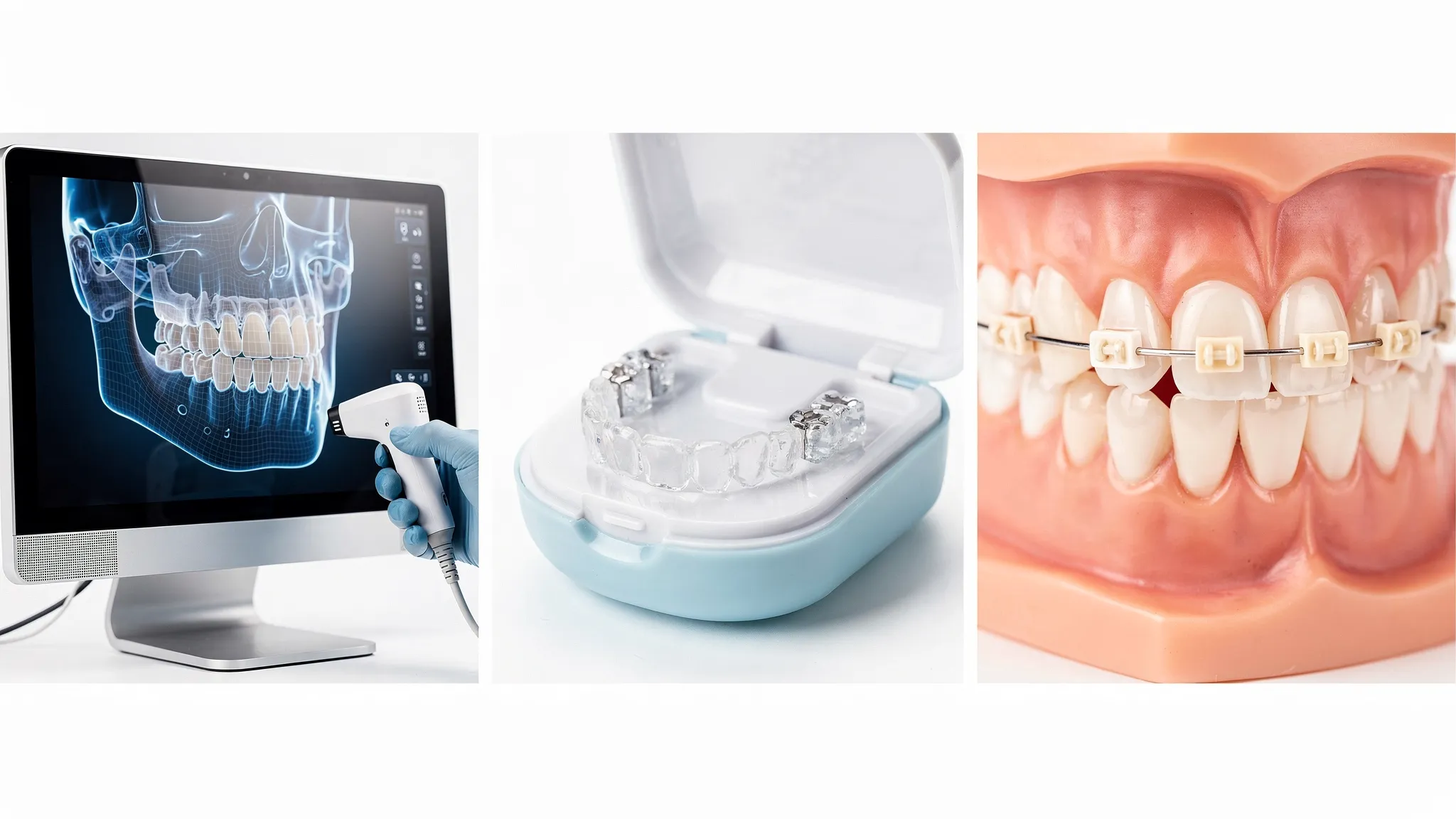 Colaj cu trei cadre: scanare intraorală 3D, set de alignere transparente într-o cutie, și un aparat dentar estetic pe un model dentar.