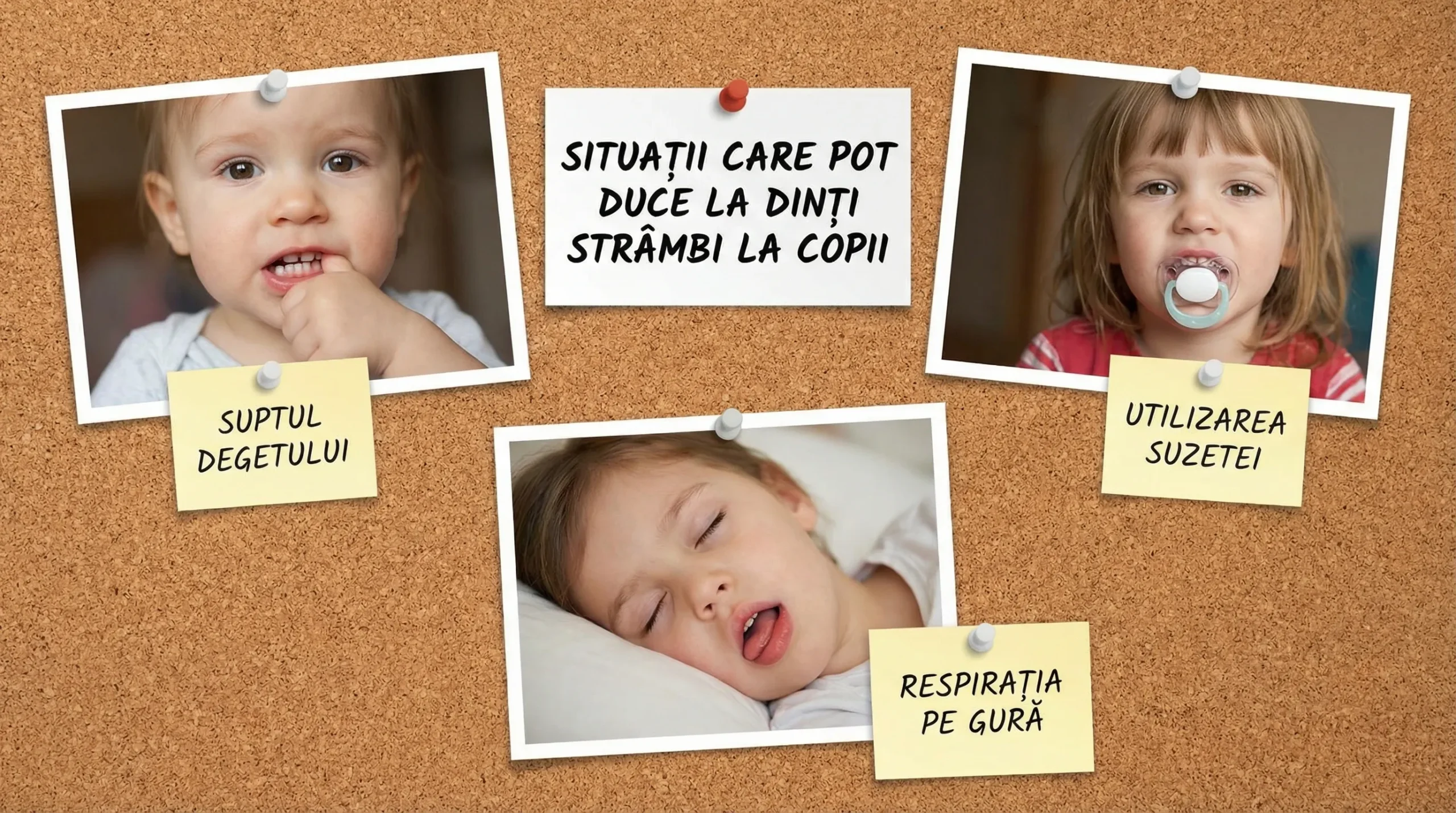 Colaj ilustrativ cu trei situații care pot duce la dinți strâmbi la copii: suptul degetului, utilizarea suzetei după vârsta potrivită și respirația pe gură, cu accent pe poziția limbii și a buzelor.