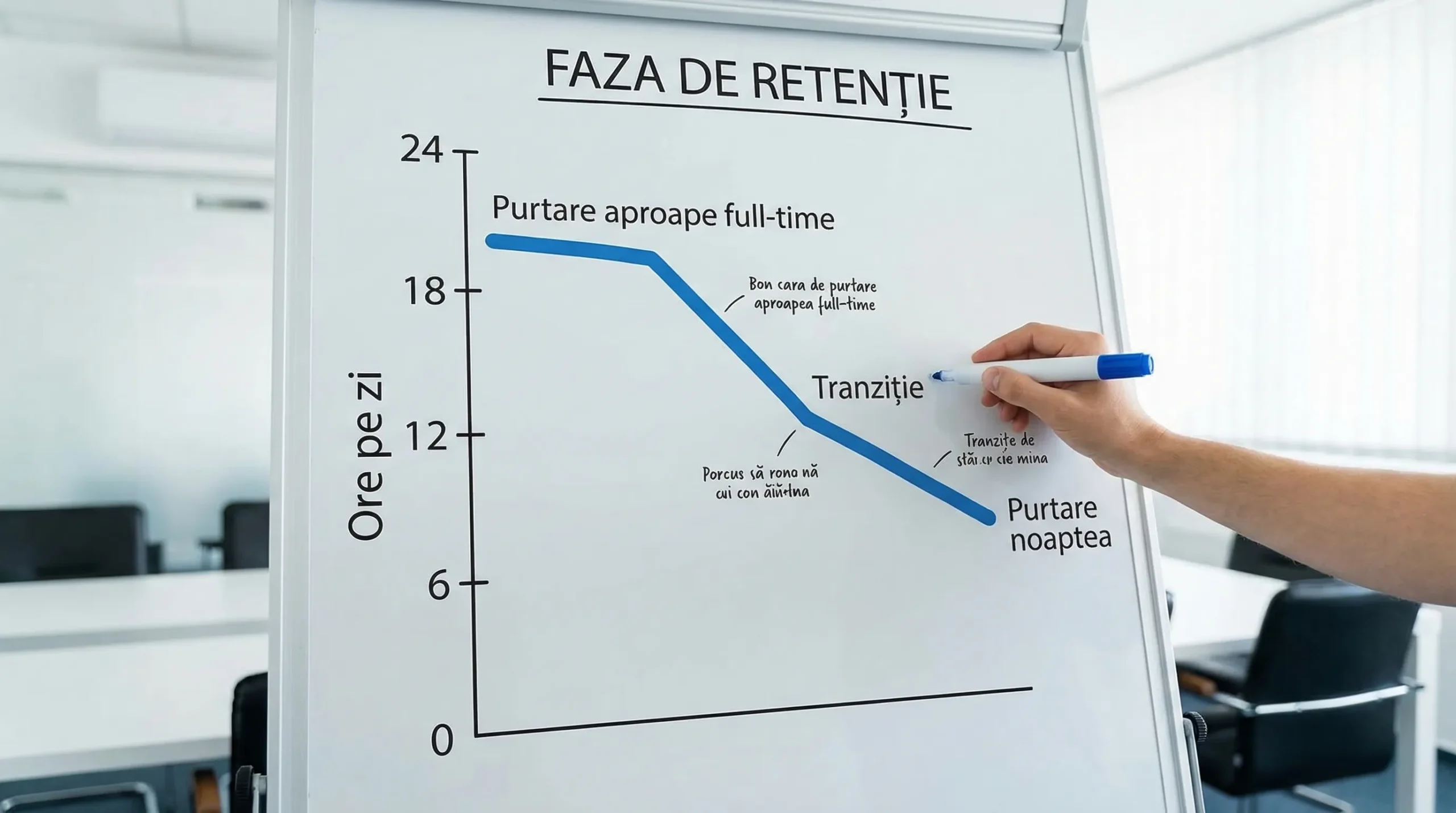 Diagramă simplă a fazei de retenție: purtare aproape full-time la început, apoi tranziție, apoi purtare noaptea, reprezentată ca o linie descendentă a orelor pe zi.