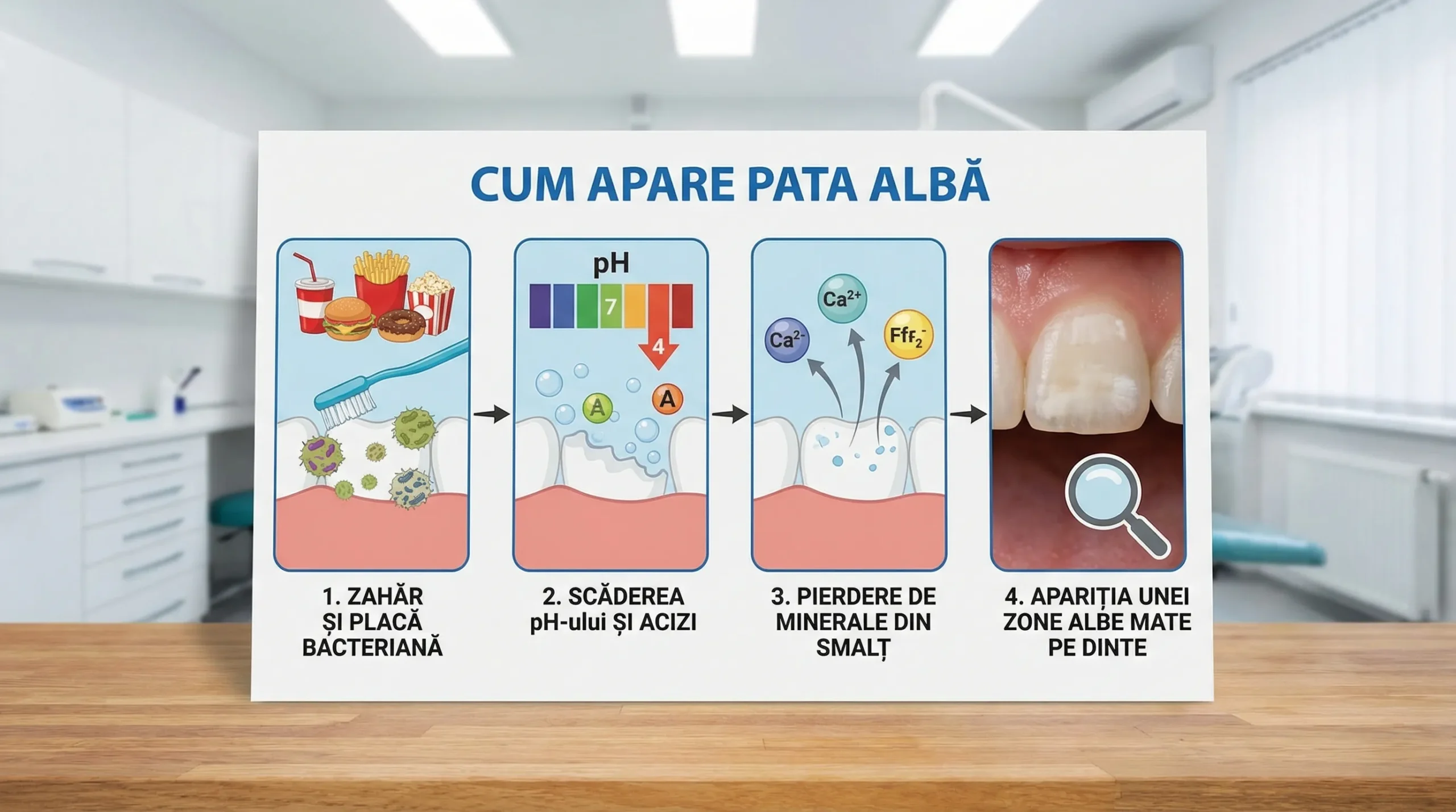 Diagramă simplă în 4 pași despre cum apare pata albă: zahăr și placă bacteriană, scăderea pH-ului și acizi, pierdere de minerale din smalț, apariția unei zone albe mate pe dinte.