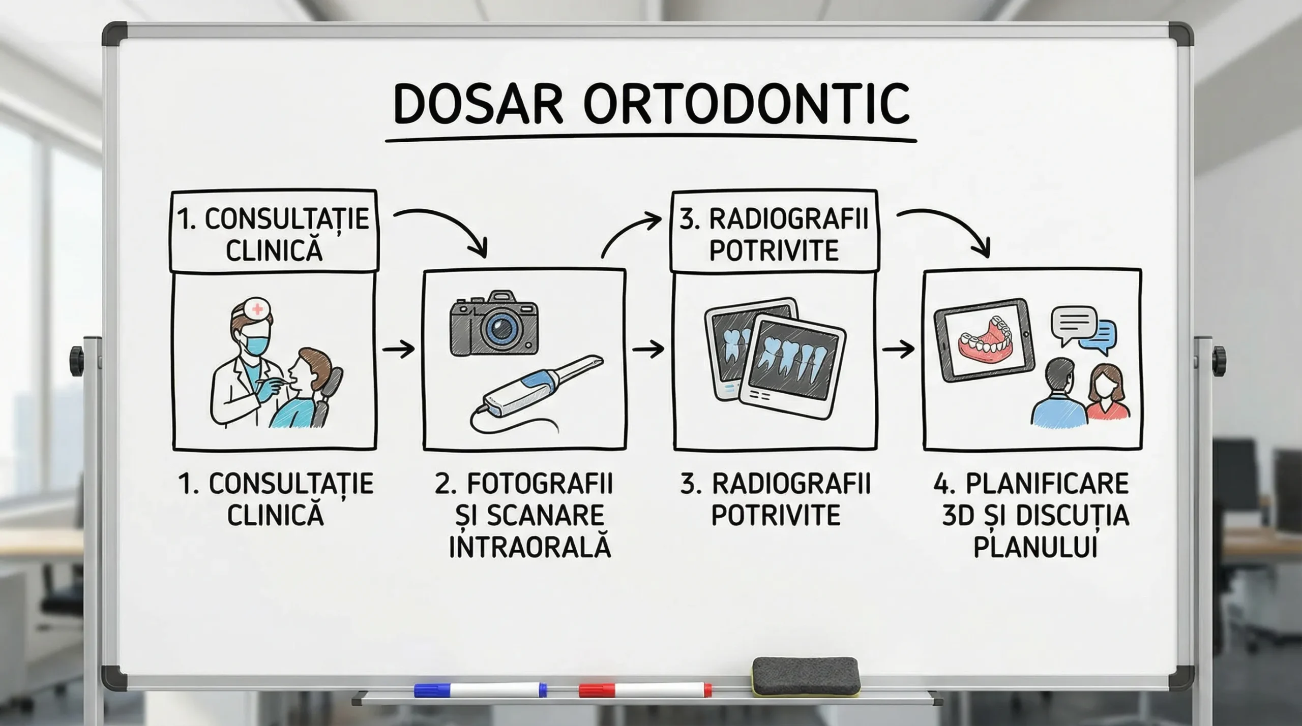 Diagramă simplă în 4 pași pentru realizarea unui dosar ortodontic: consultație clinică, fotografii și scanare intraorală, radiografii potrivite, planificare 3D și discuția planului de tratament.