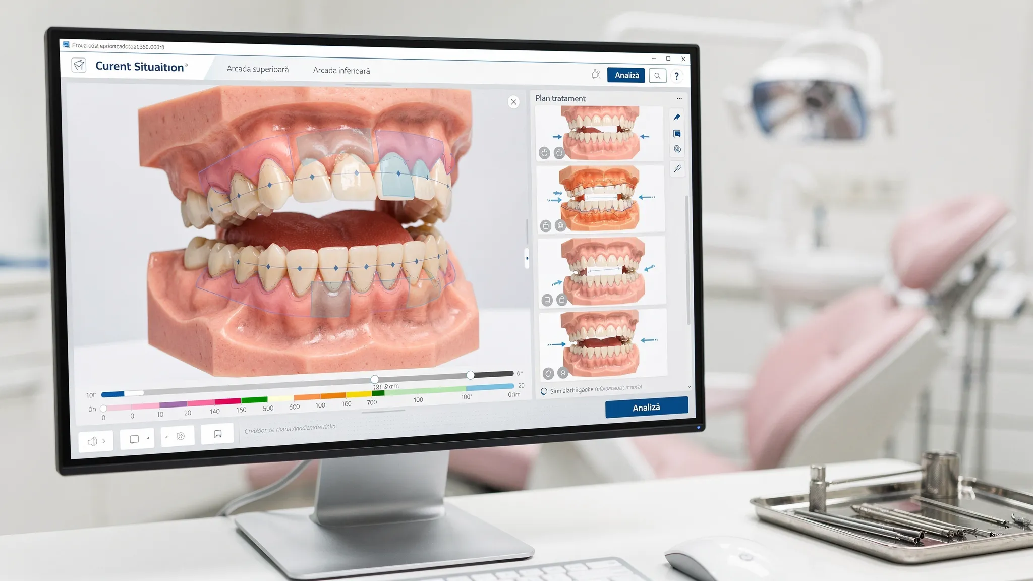 Ecran cu planificare ortodontică 3D: modele digitale ale arcadelor, etape de aliniere și măsurători de spațiu pentru înghesuire; fundal clinic, fără texte lizibile pe ecran.