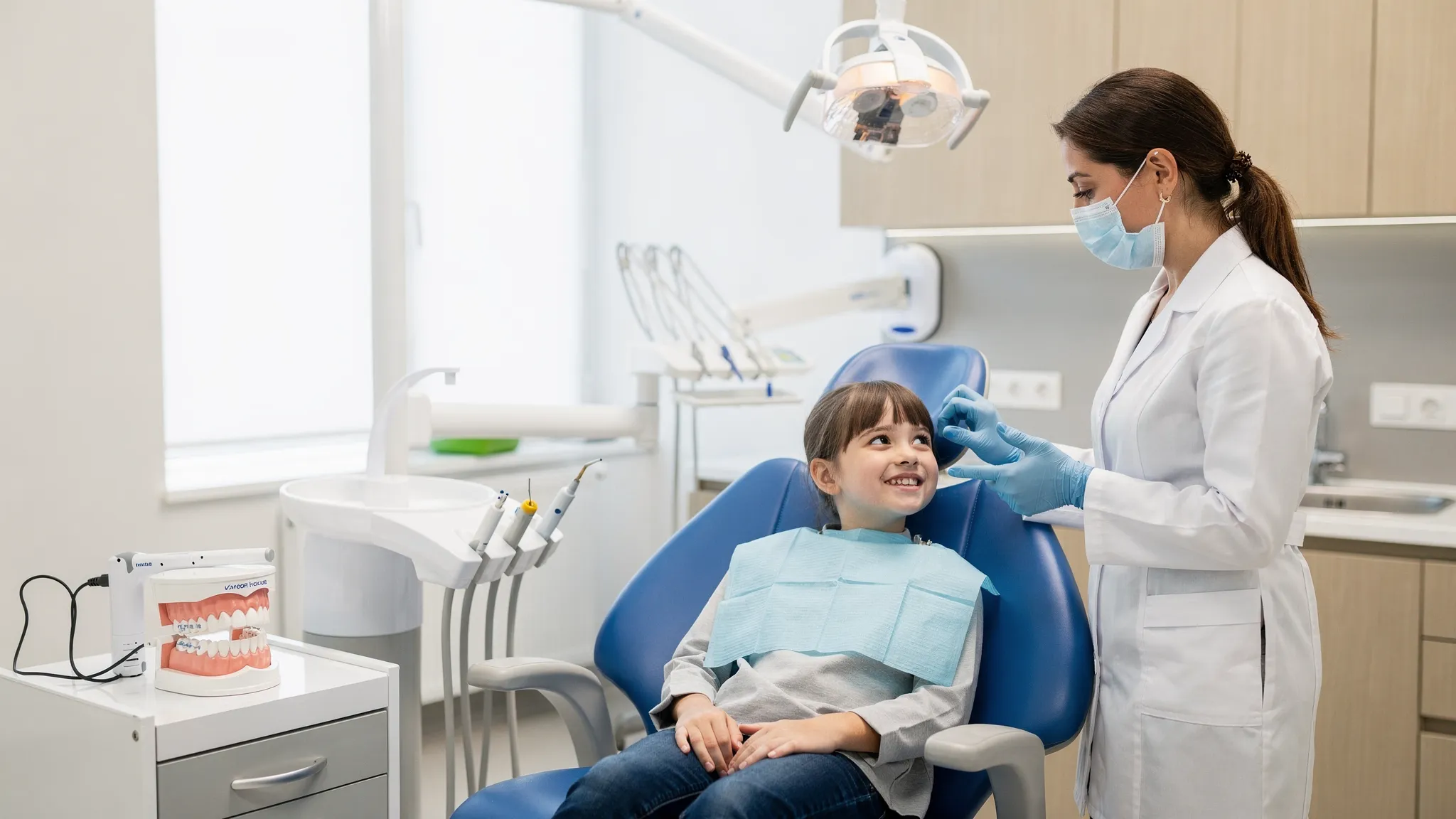 Fotografie de cabinet stomatologic modern: un copil pe scaunul dentar discută cu un ortodont, iar pe o masă se vede un model dentar și un scaner intraoral; atmosfera este calmă și prietenoasă.