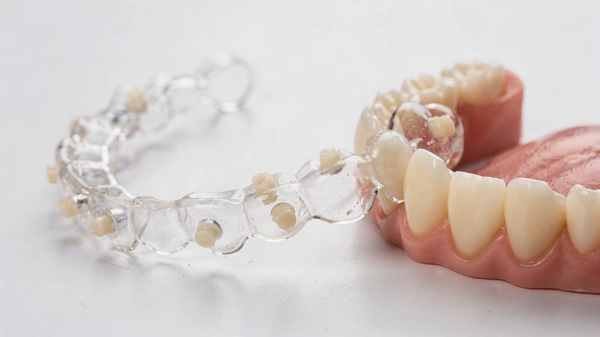 Fotografie educațională cu o gutieră transparentă (aligner) așezată lângă dinți care au atașamente din compozit, evidențiind punctele de prindere și control al mișcărilor.