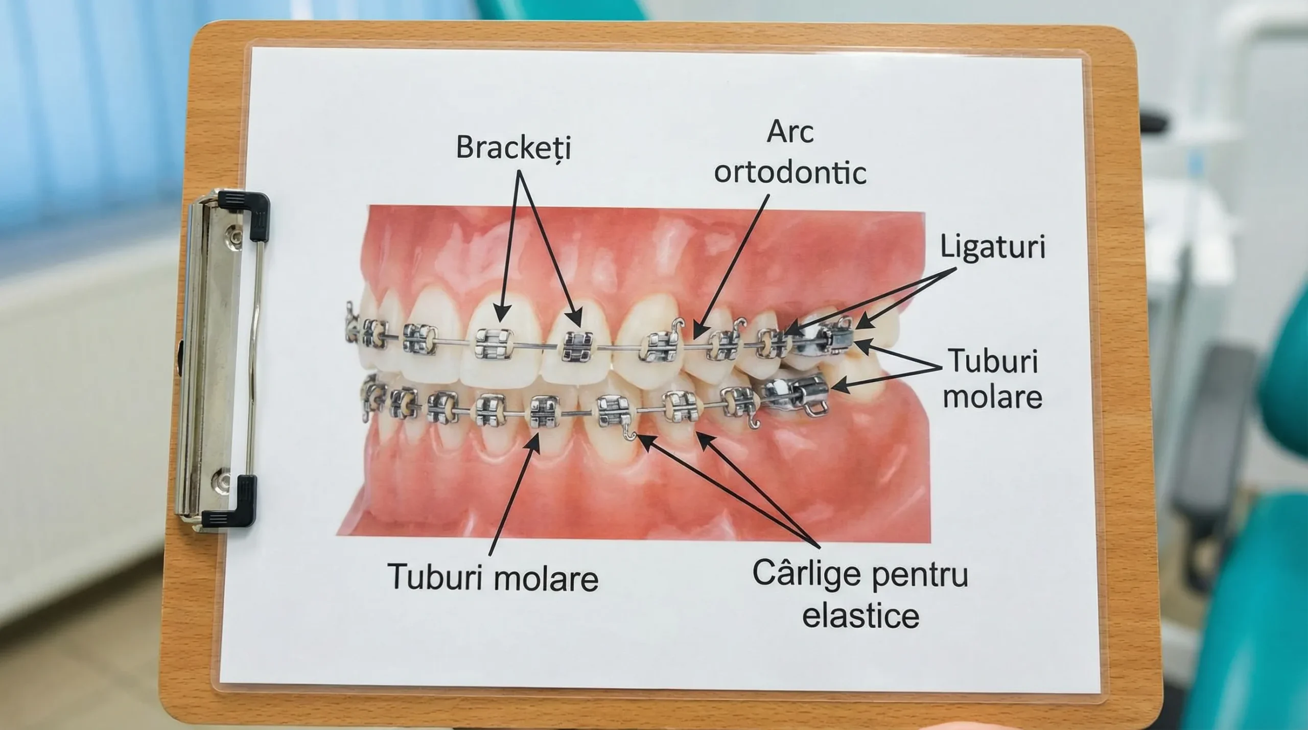 Ilustrație educațională cu un aparat dentar fix pe dinți, cu etichete pentru brackeți, arc ortodontic, ligaturi, tuburi molare și cârlige pentru elastice.