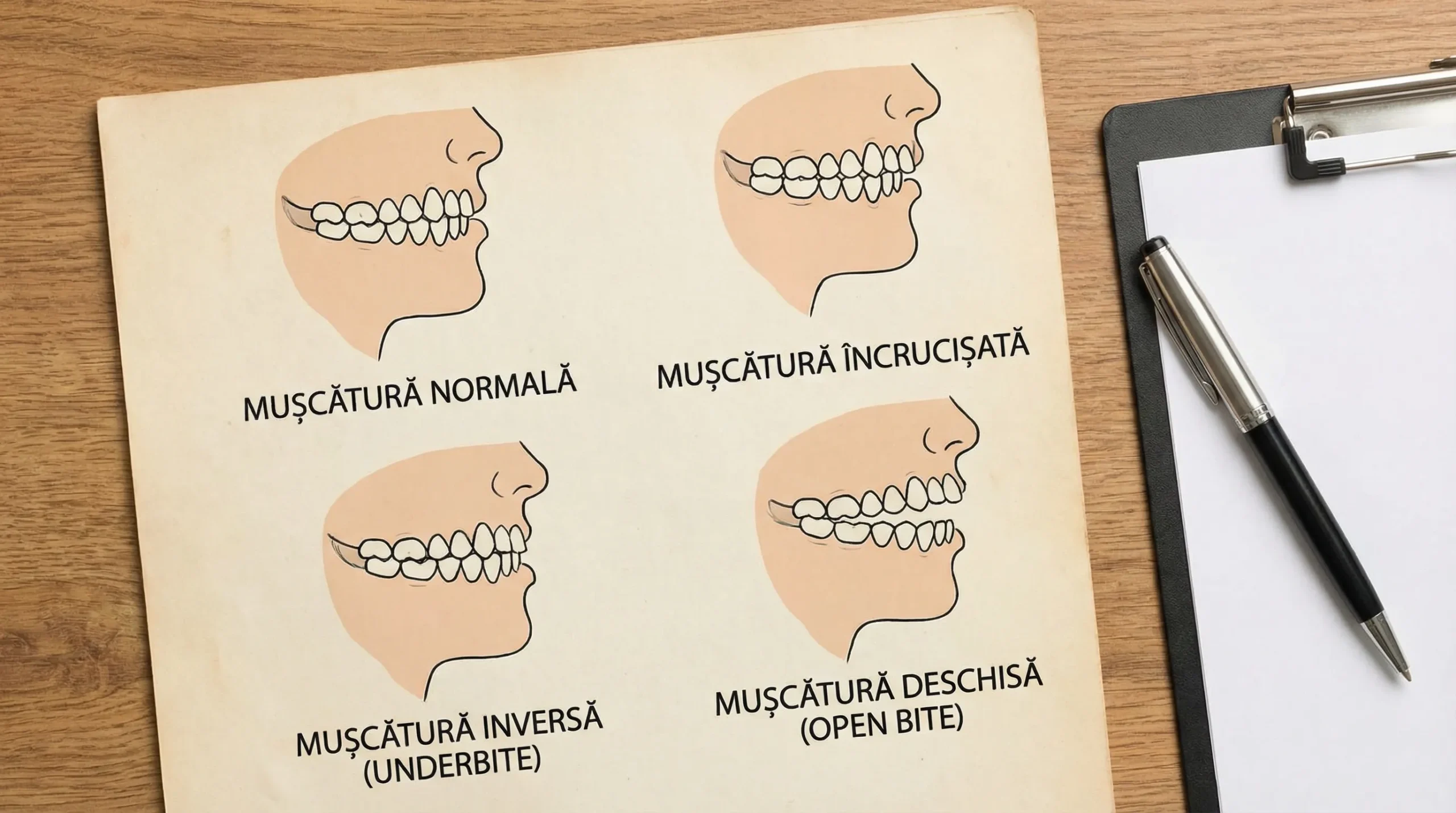 Ilustrație simplă cu patru tipuri de mușcătură la copii: mușcătură normală, mușcătură încrucișată, mușcătură inversă (underbite) și mușcătură deschisă (open bite), prezentate ca profiluri laterale ale dinților.