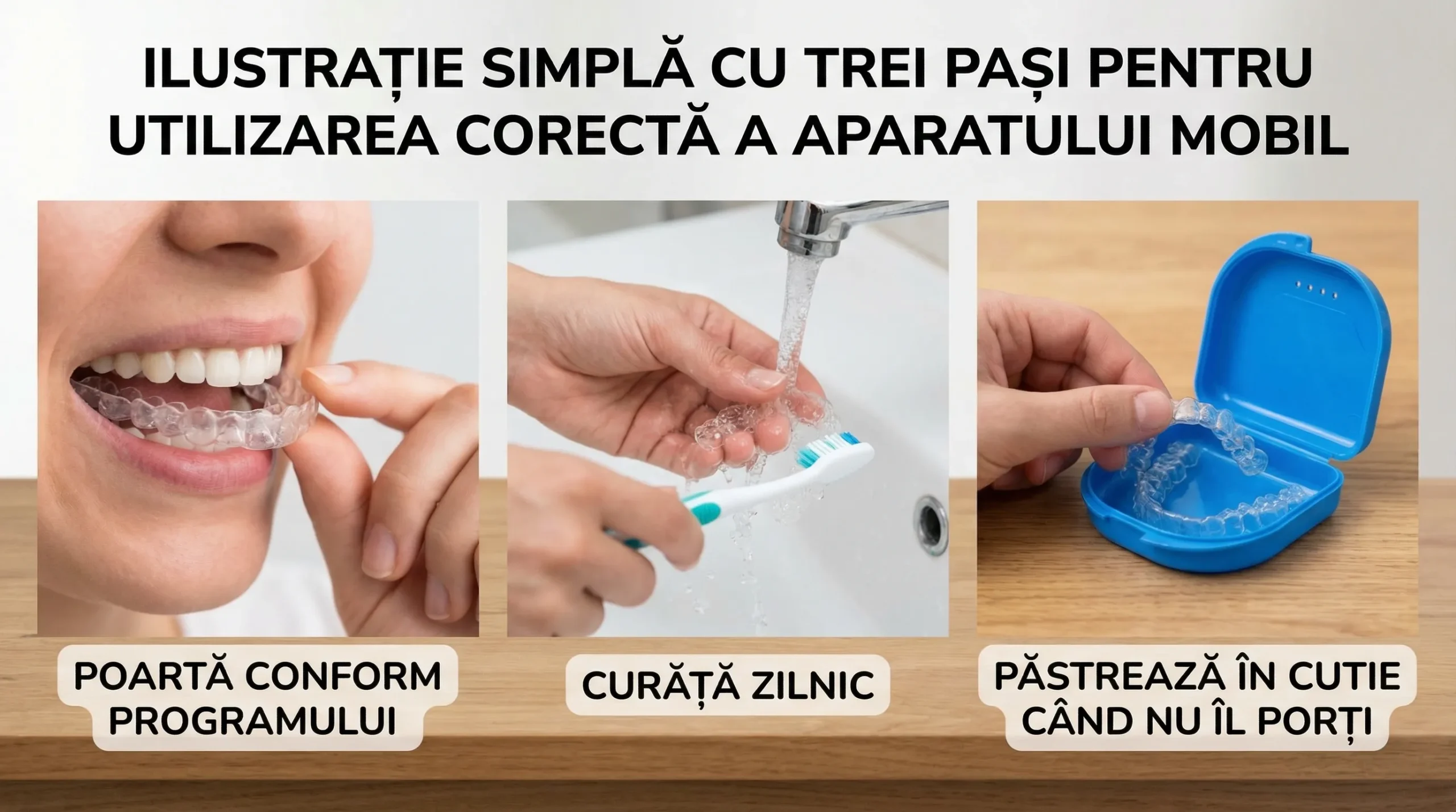 Ilustrație simplă cu trei pași pentru utilizarea corectă a aparatului mobil: poartă conform programului, curăță zilnic, păstrează în cutie când nu îl porți.