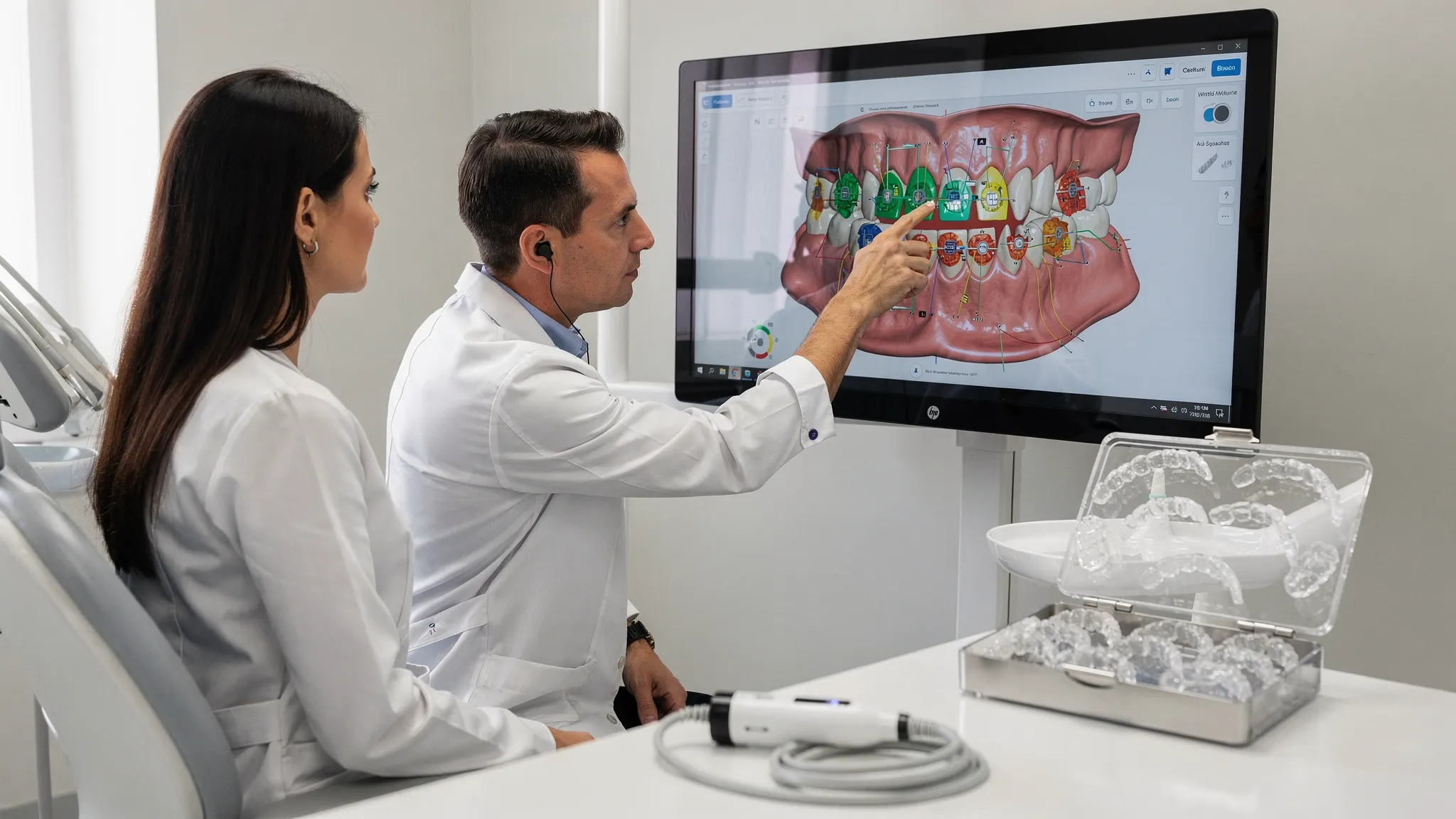 Imagine cu un pacient în cabinet, iar medicul arată pe un monitor planificarea 3D a mișcărilor dentare pe un model digital; pe masă se vede un scaner intraoral și o cutie de alignere transparente.
