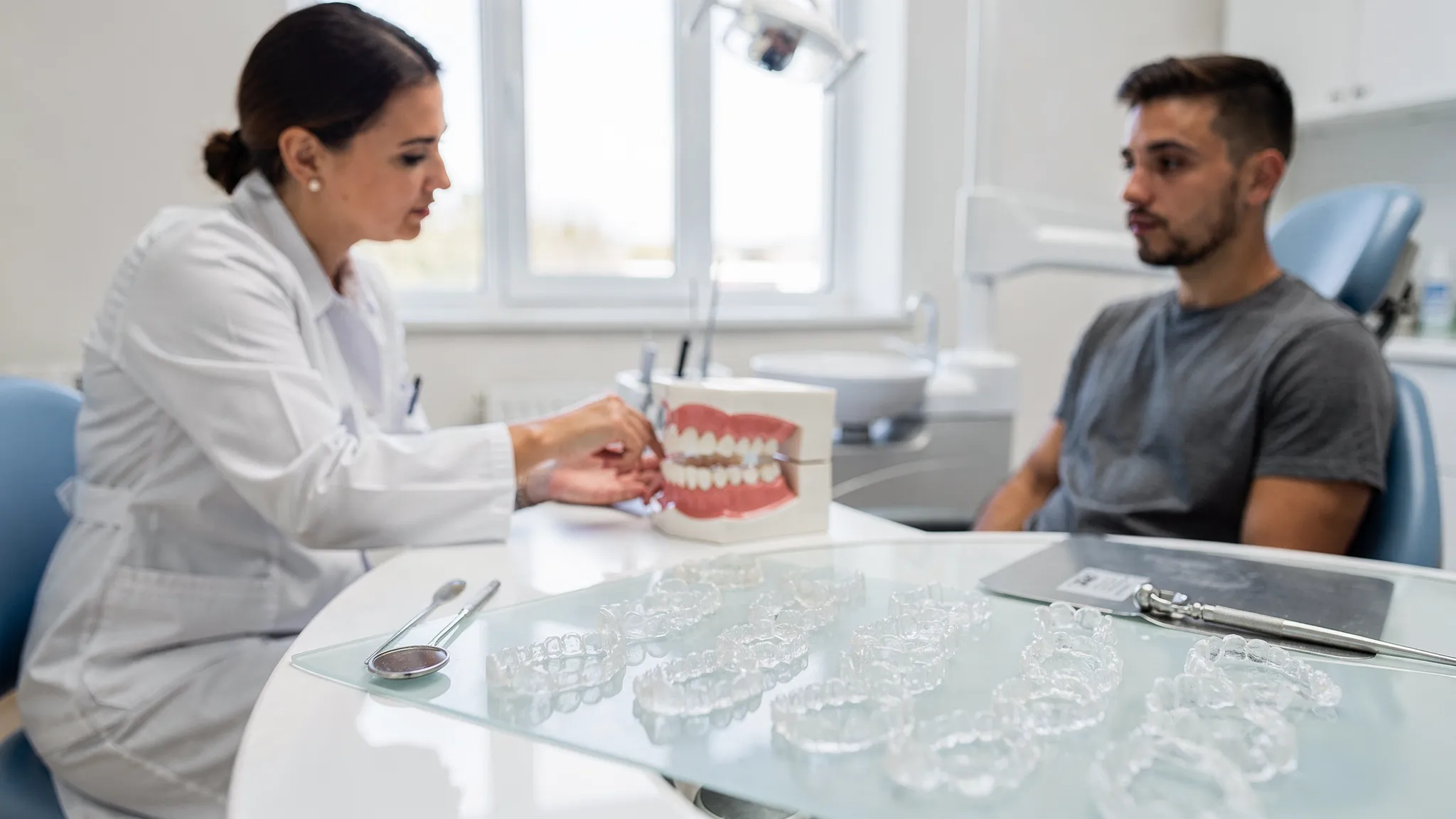 Medic ortodont discută cu un pacient un plan de tratament pe un model 3D al dinților; pe masă se văd tipare de alignere transparente și o oglindă dentară.
