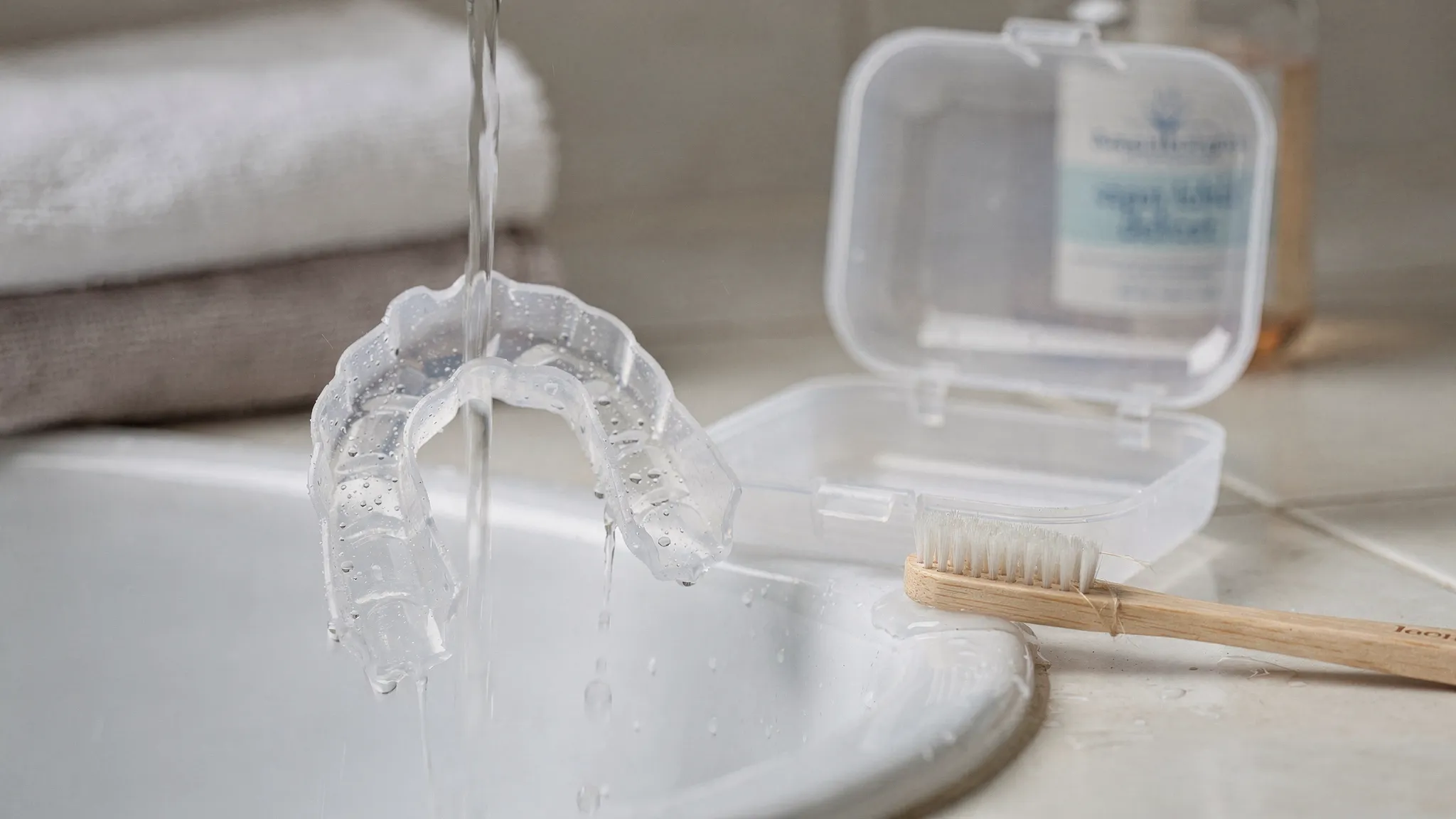 O gutieră transparentă clătită sub jet de apă călduță într-o chiuvetă, alături de o periuță moale dedicată și o cutiuță de depozitare deschisă. În fundal se vede un prosop curat și un săpun lichid delicat.