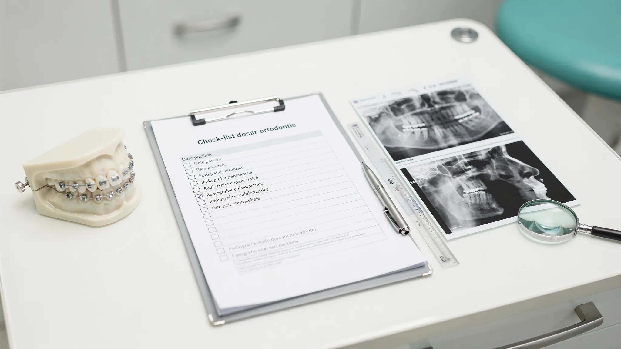 O masă de lucru într-un cabinet stomatologic, cu o listă tip checklist pentru dosar ortodontic, un model dentar și un set de radiografii printate (panoramică și cefalometrică) aranjate ordonat, sugerând pregătirea pentru diagnostic.