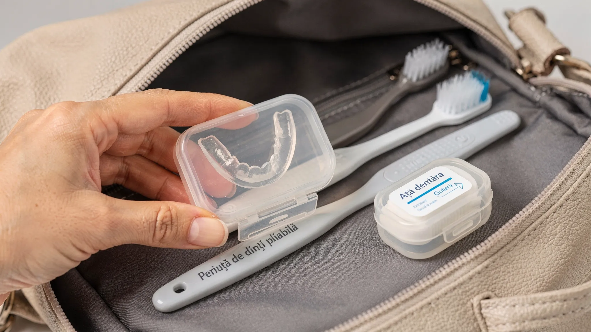 O persoană ține o cutie de gutieră transparentă închisă, într-o geantă, lângă un kit mic de igienă orală (periuță de dinți pliabilă și ață dentară).