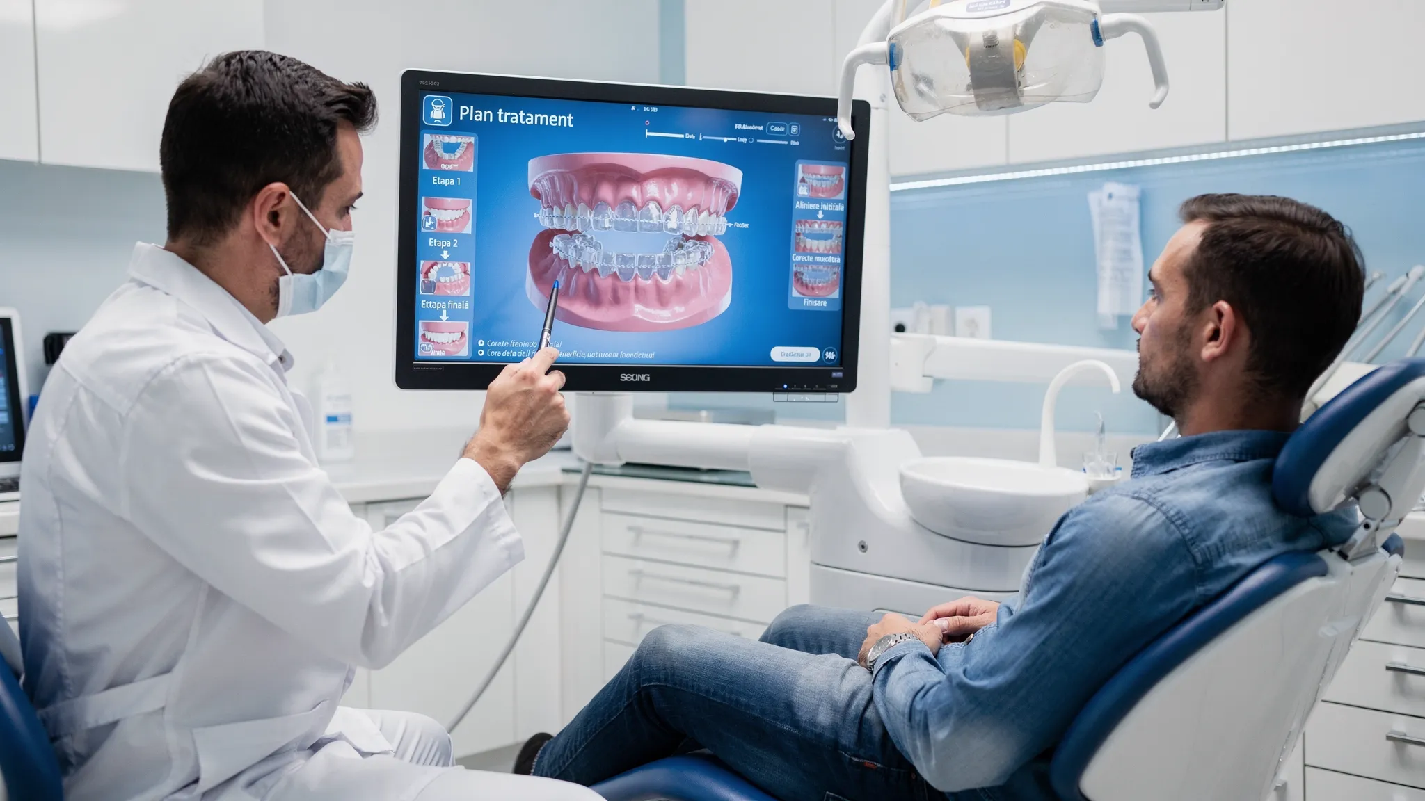 Un medic ortodont și un pacient în cabinet, privind un monitor orientat corect, pe care se vede un model 3D al dinților și etapele tratamentului cu gutiere.