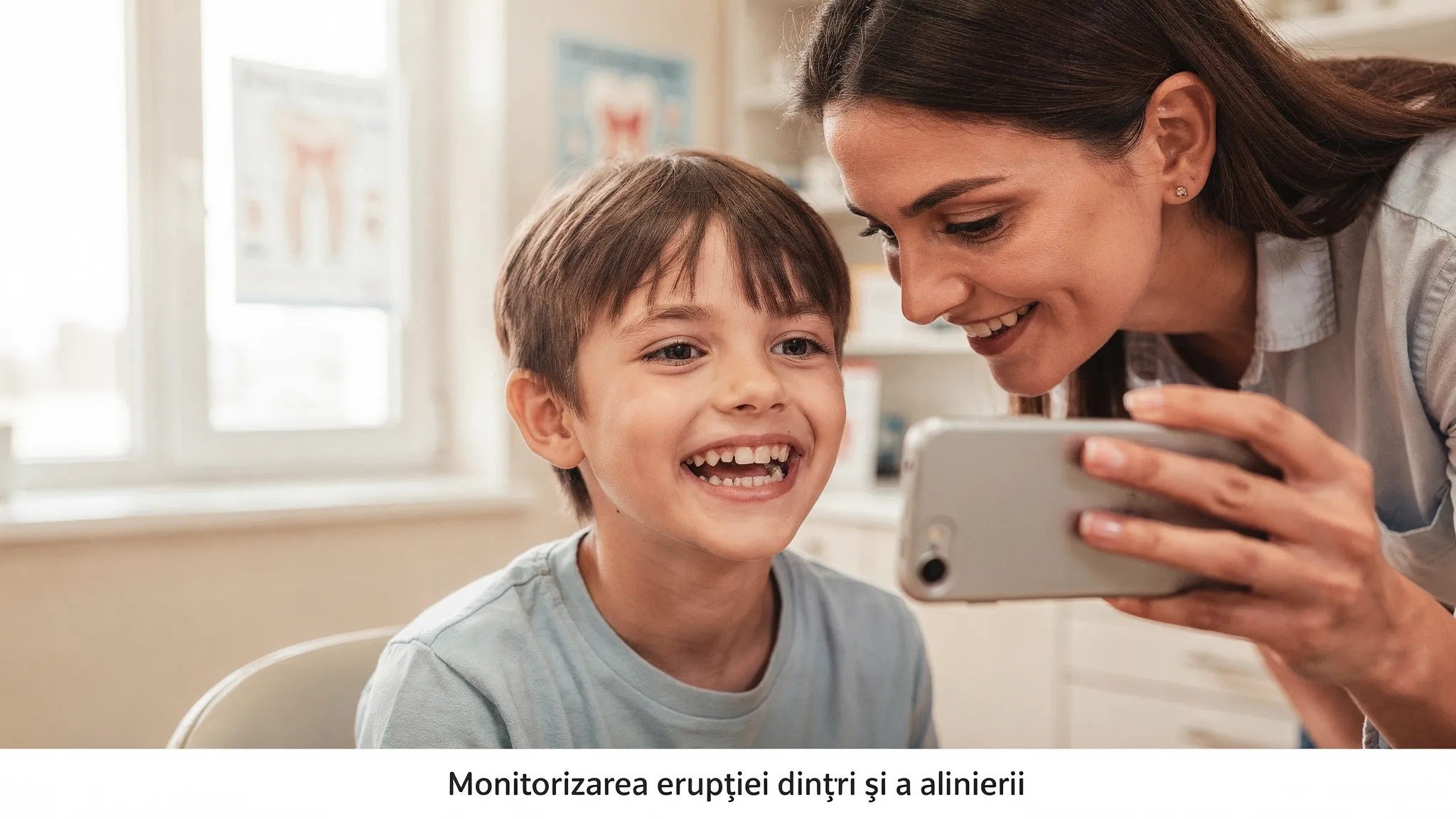 Un părinte fotografiază zâmbetul unui copil aflat în dentiție mixtă, într-un cadru luminos, pentru monitorizarea erupției dinților și a alinierii.