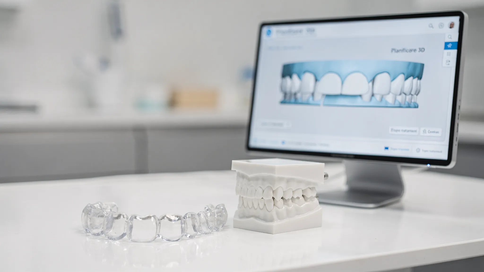 Un set de alignere transparente lângă un model dentar și o reprezentare simplificată a planificării 3D a mișcărilor dentare, sugerând ortodonția digitală și etapele tratamentului.