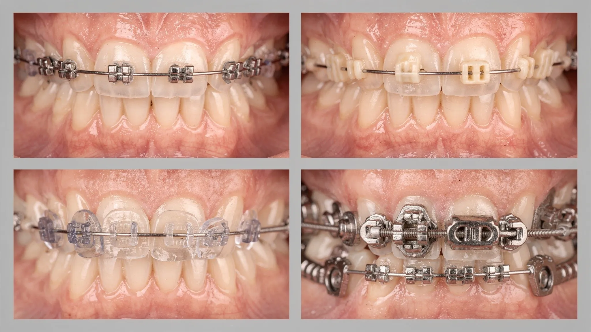 Colaj comparativ cu trei tipuri de brackeți pe dinți: metalici, ceramici și safir, plus un exemplu de brachet autoligant cu mecanism de închidere vizibil, fotografii macro clare, pe fundal neutru.