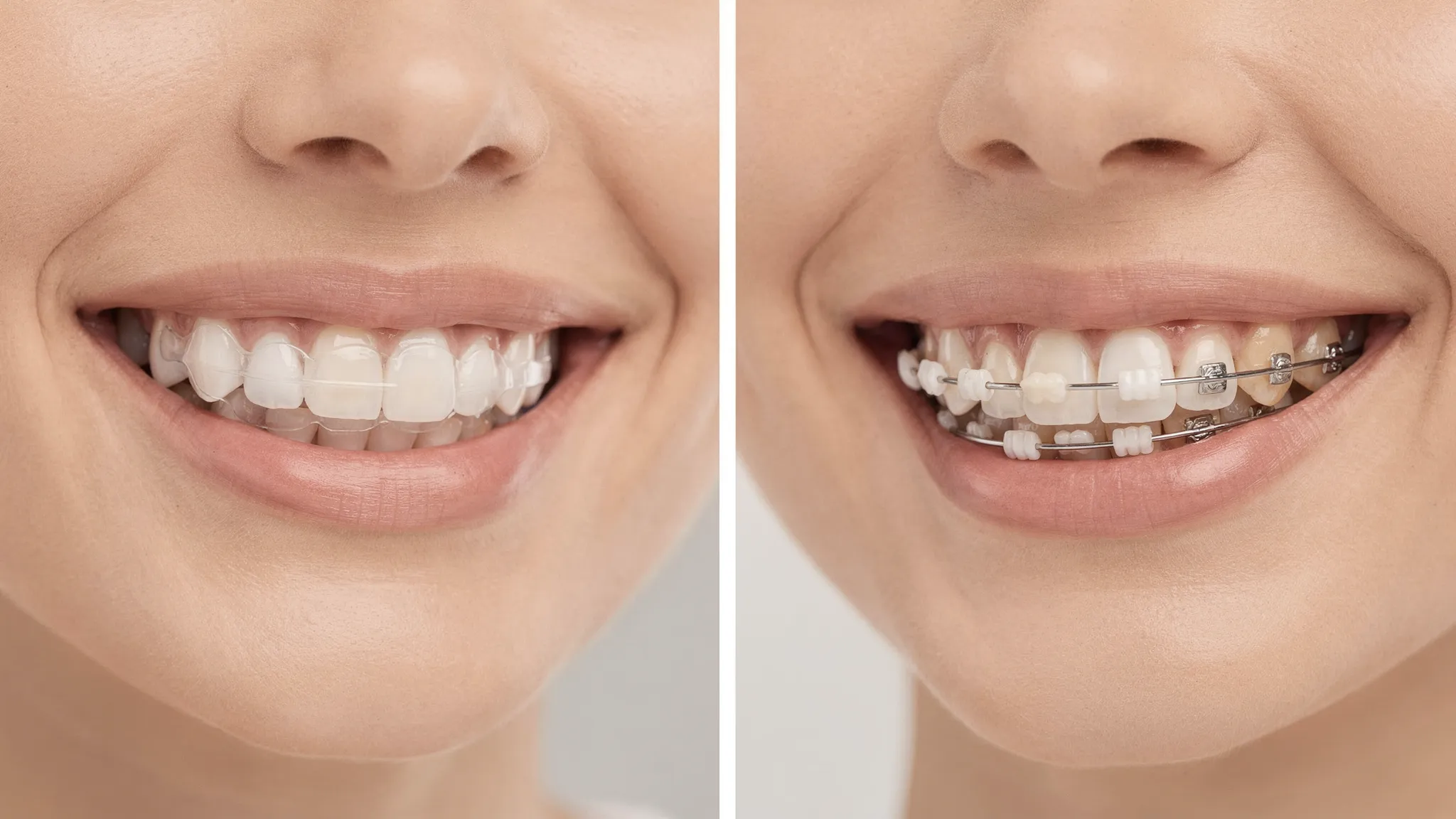 Colaj comparativ: în stânga un zâmbet cu aligner transparent aproape invizibil, în dreapta un zâmbet cu aparat fix estetic ceramic, ambele fotografiate de aproape, lumină naturală, accent pe discreție.