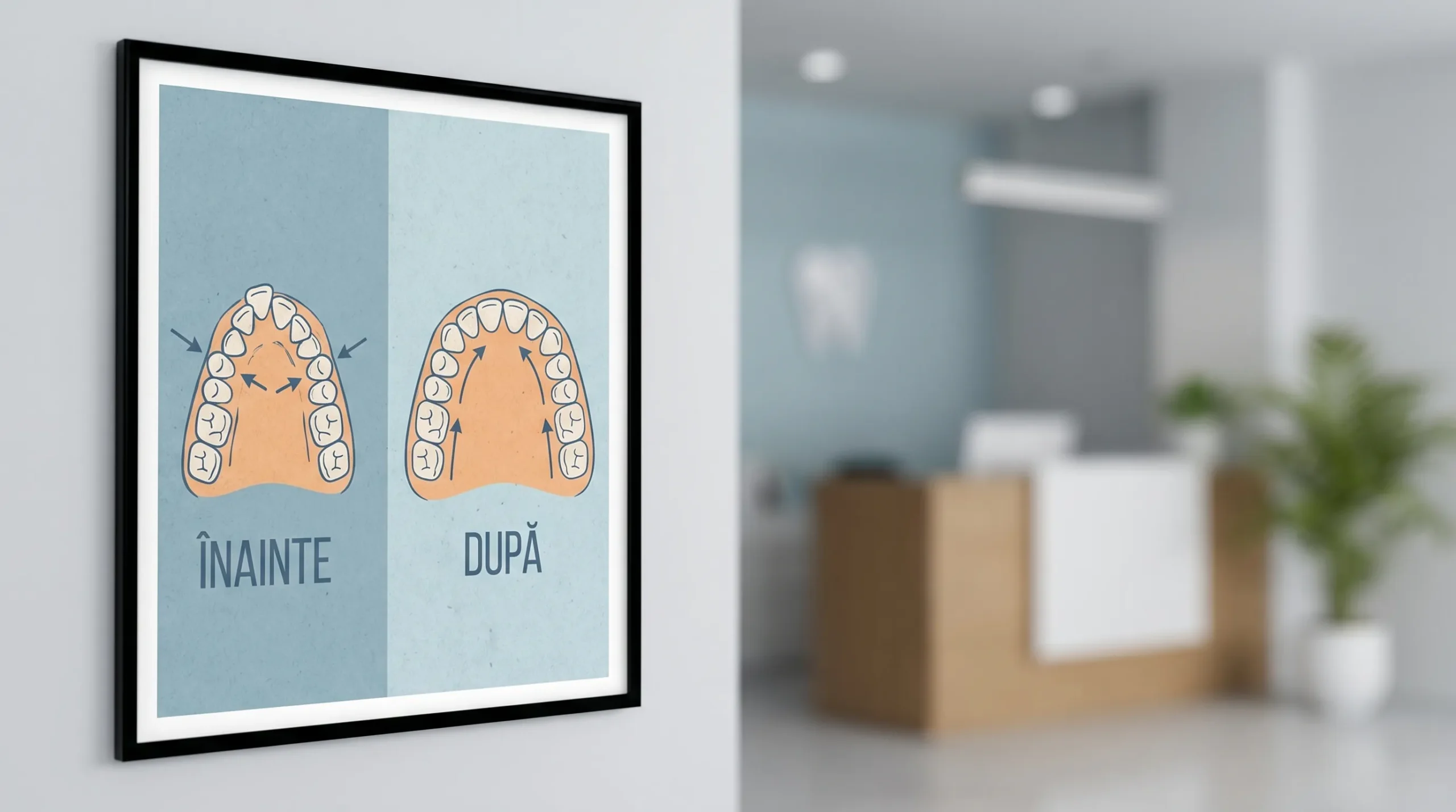 Colaj comparativ tip „înainte și după” stilizat, cu două arcade dentare desenate simplu: una îngustă cu mușcătură încrucișată și una lărgită, cu mușcătură corectată.