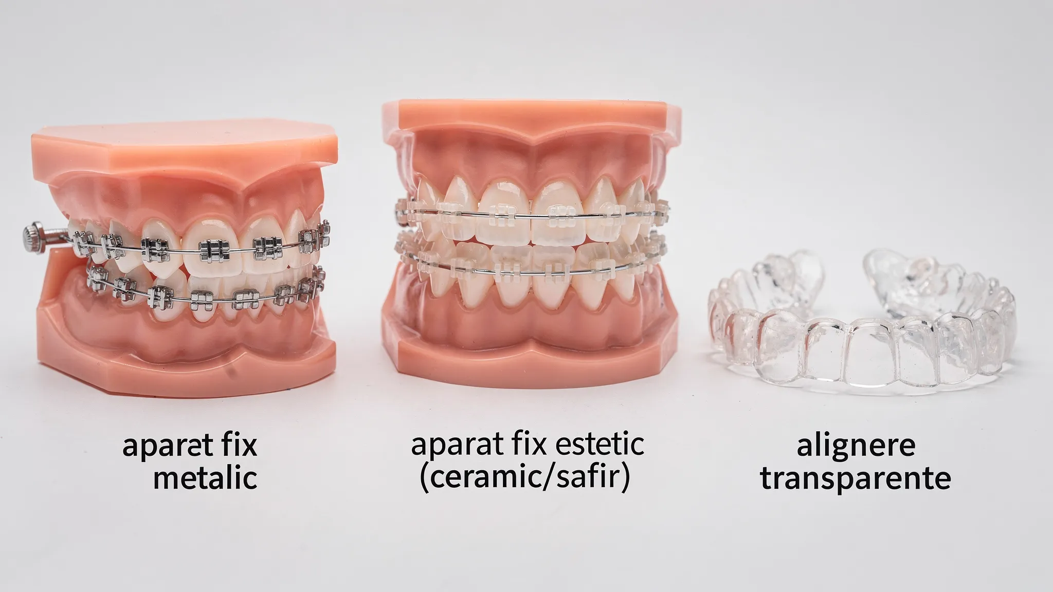 Colaj informativ cu principalele dispozitive ortodontice: aparat fix metalic, aparat fix estetic (ceramic/safir) și alignere transparente, prezentate pe fundal neutru, cu accent pe diferențe de vizibilitate și formă.