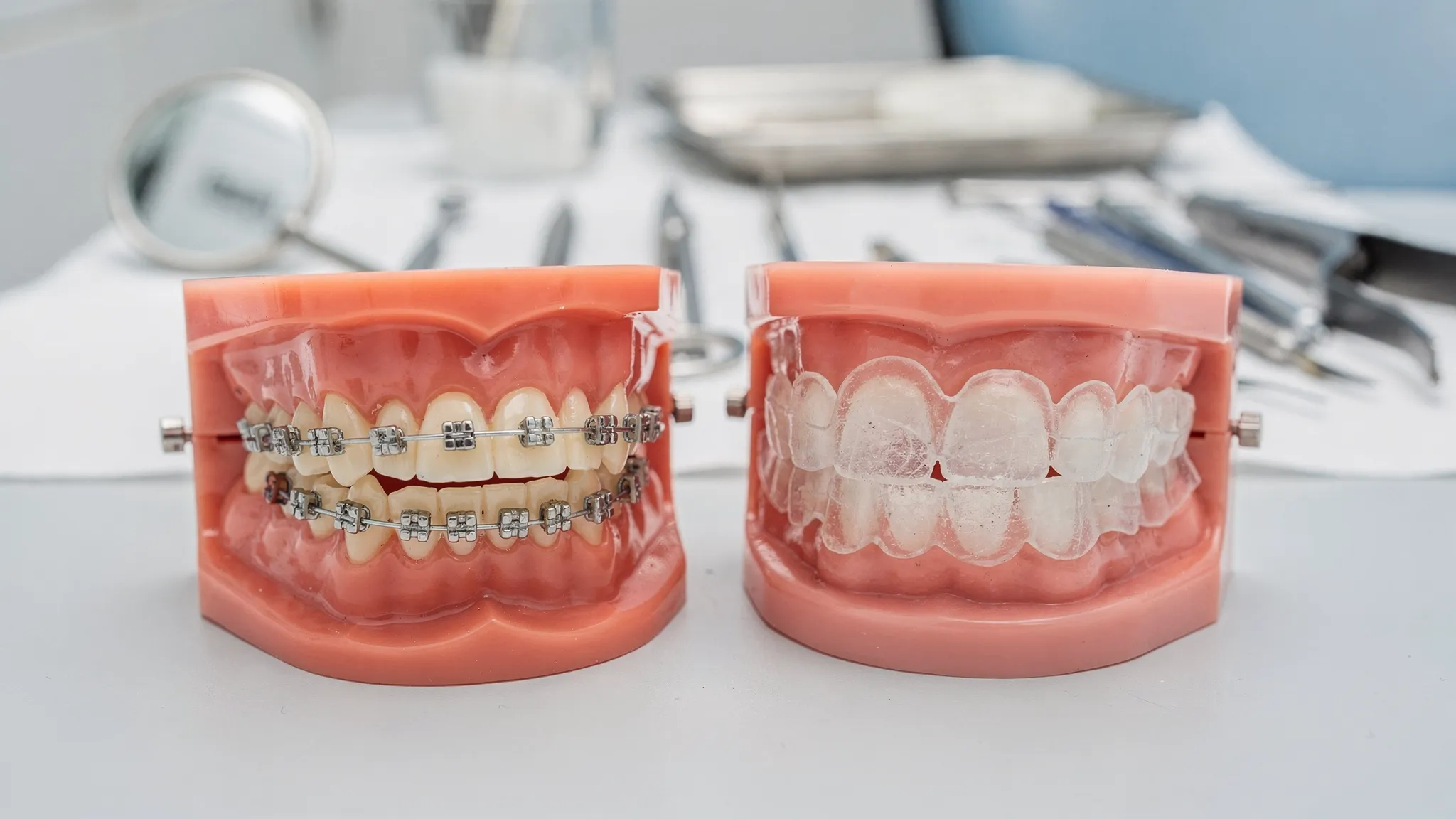 Comparație vizuală între un model dentar cu aparat fix (metalic și ceramic) și un model cu aligner transparent, așezate pe un birou medical, cu instrumente ortodontice în fundal.