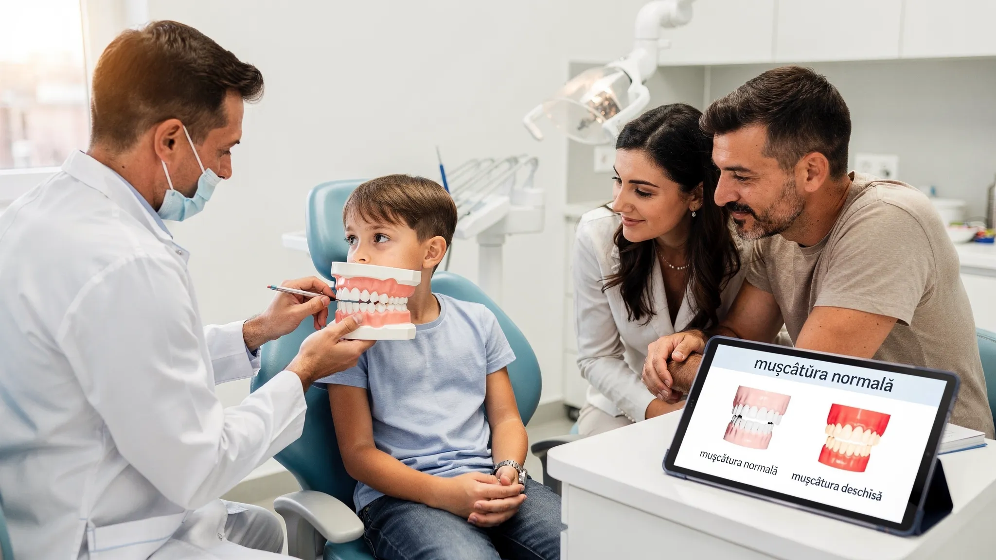 Copil la consultație ortodontică, cu medicul explicând părinților pe un model dentar diferența dintre o mușcătură normală și o mușcătură deschisă.