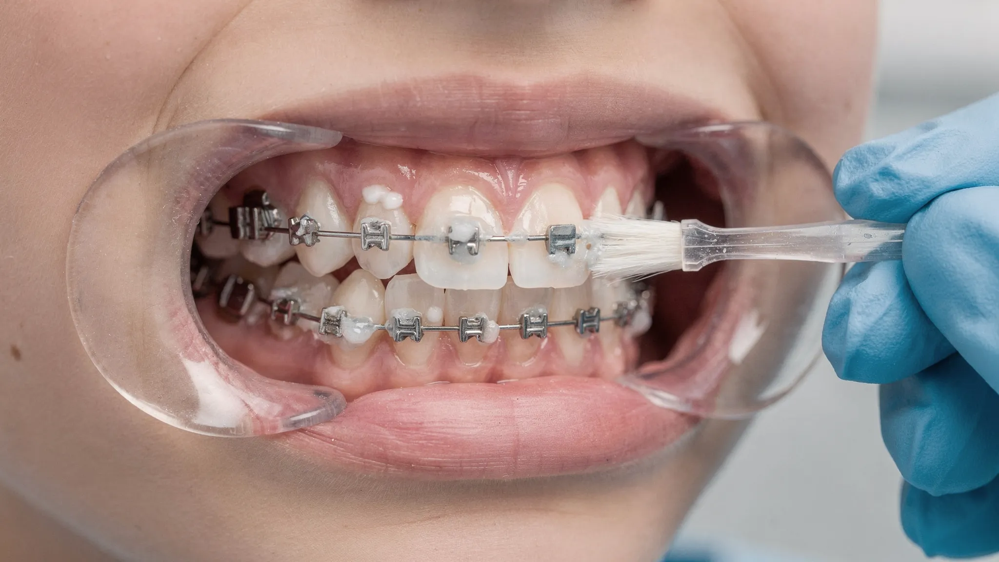 Fotografie clinică educațională: dinți de copil/adolescent cu aparat fix, evidențiind pete albe incipiente lângă brackeți și o pensulă mică aplicând lac cu fluor pe smalț.