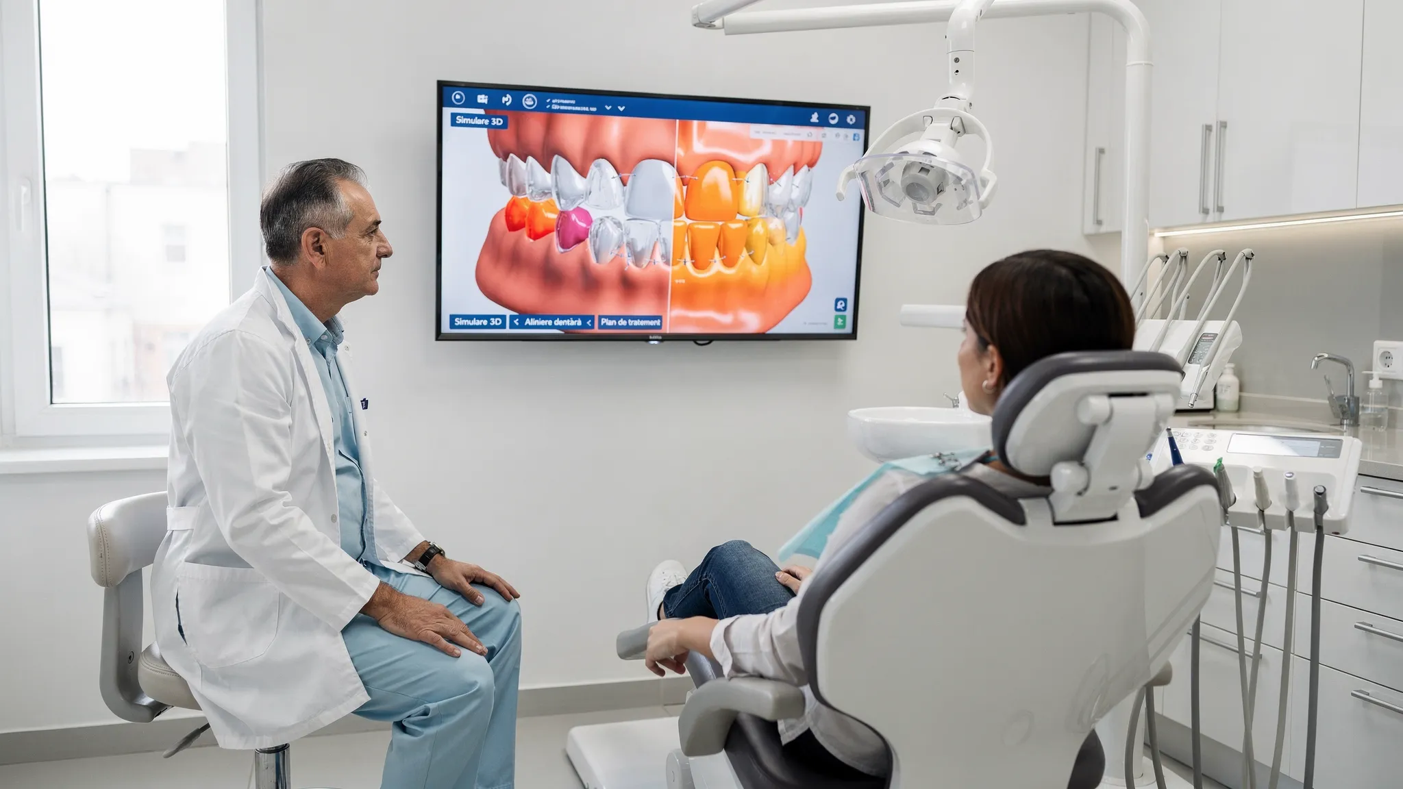 Fotografie realistă dintr-un cabinet: medic ortodont analizând pe un monitor o simulare 3D a alinierii dentare, cu pacientul în scaunul stomatologic în lateral, într-un mediu curat și luminos.