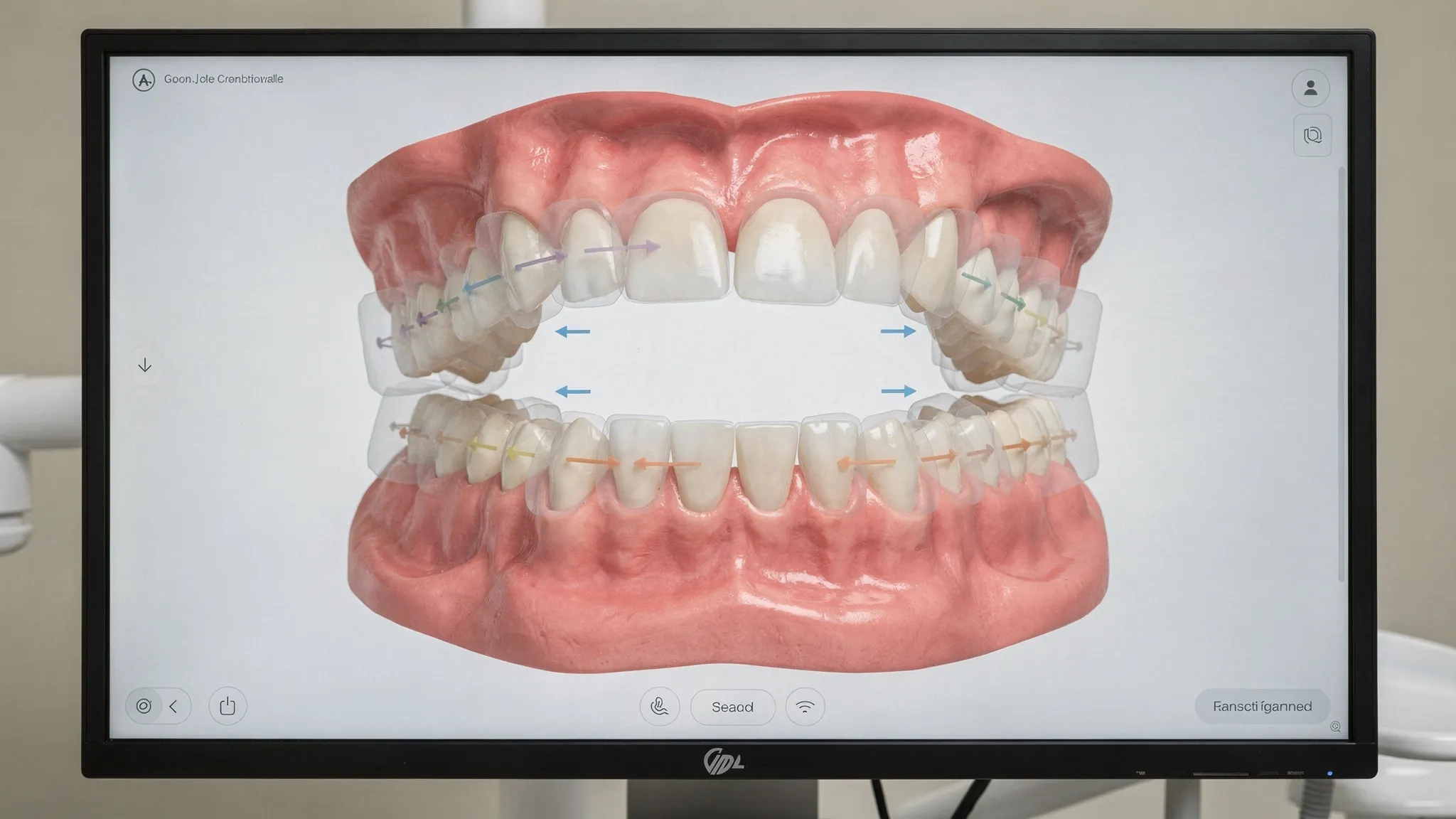Ilustrație a unei planificări ortodontice 3D: model digital al arcadelor, etape de mișcare reprezentate prin suprapuneri semitransparente și săgeți simple care arată direcția de aliniere.