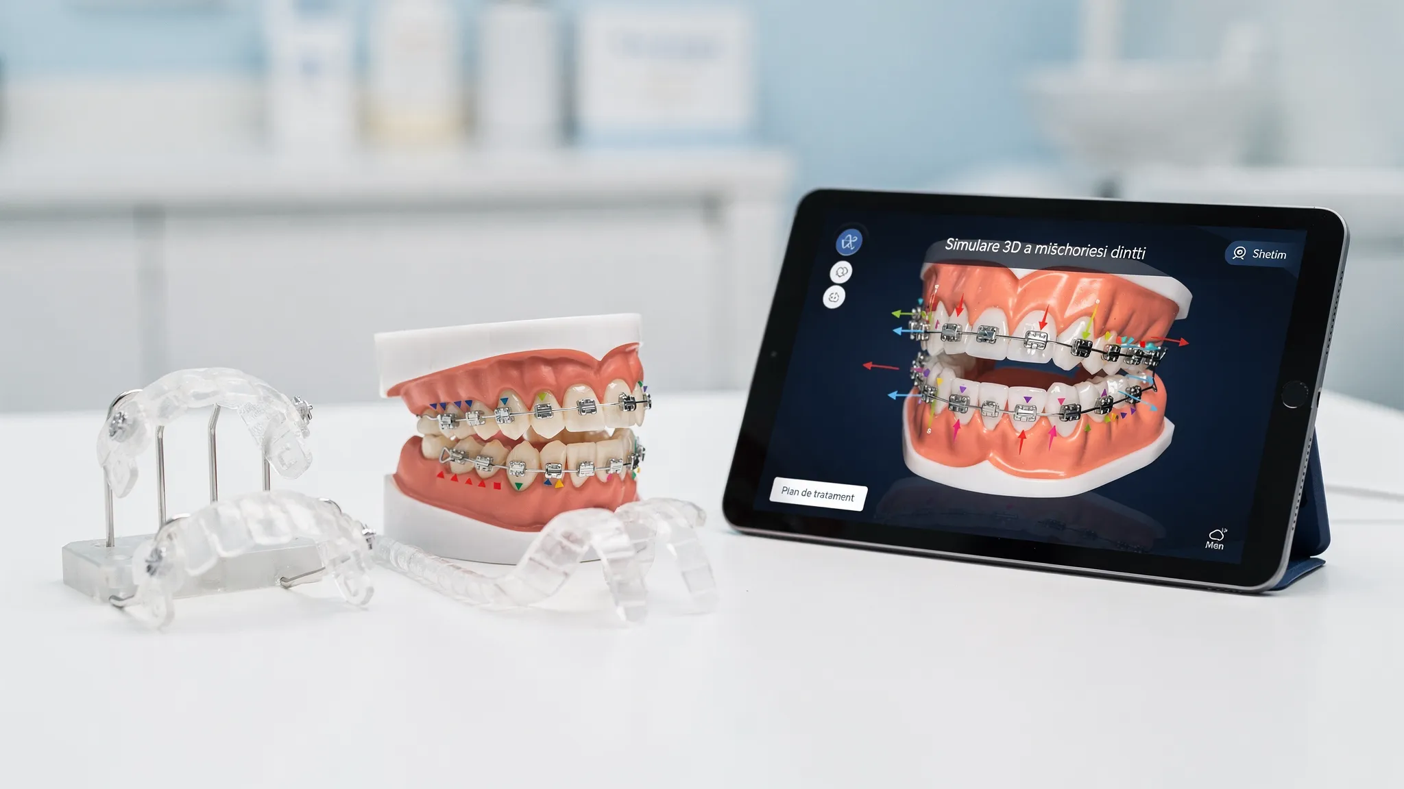 Ilustrație comparativă: pe o masă sunt prezentate un model dentar cu aparat fix estetic (brackeți transparenți) și un set de alignere transparente, alături de o tabletă care arată o simulare 3D a mișcării dinților.