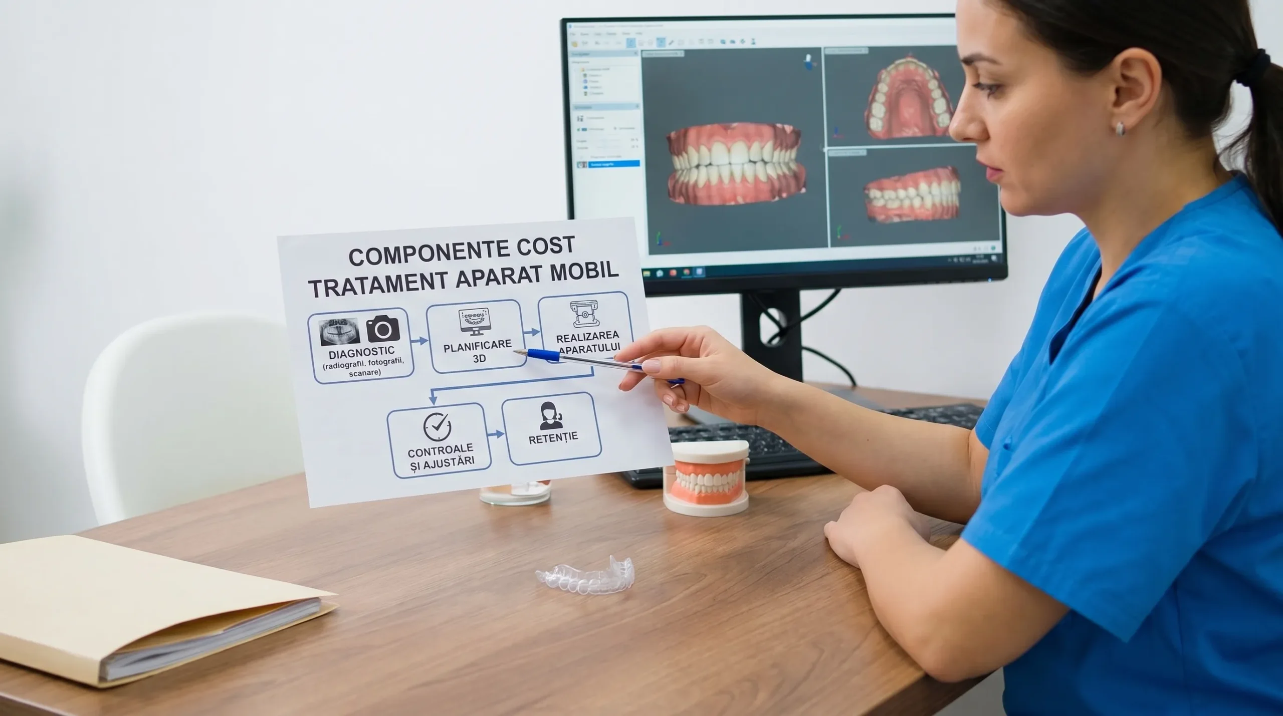 Ilustrație cu componentele costului unui tratament cu aparat mobil: diagnostic (radiografii, fotografii, scanare), planificare 3D, realizarea aparatului, controale și ajustări, retenție.